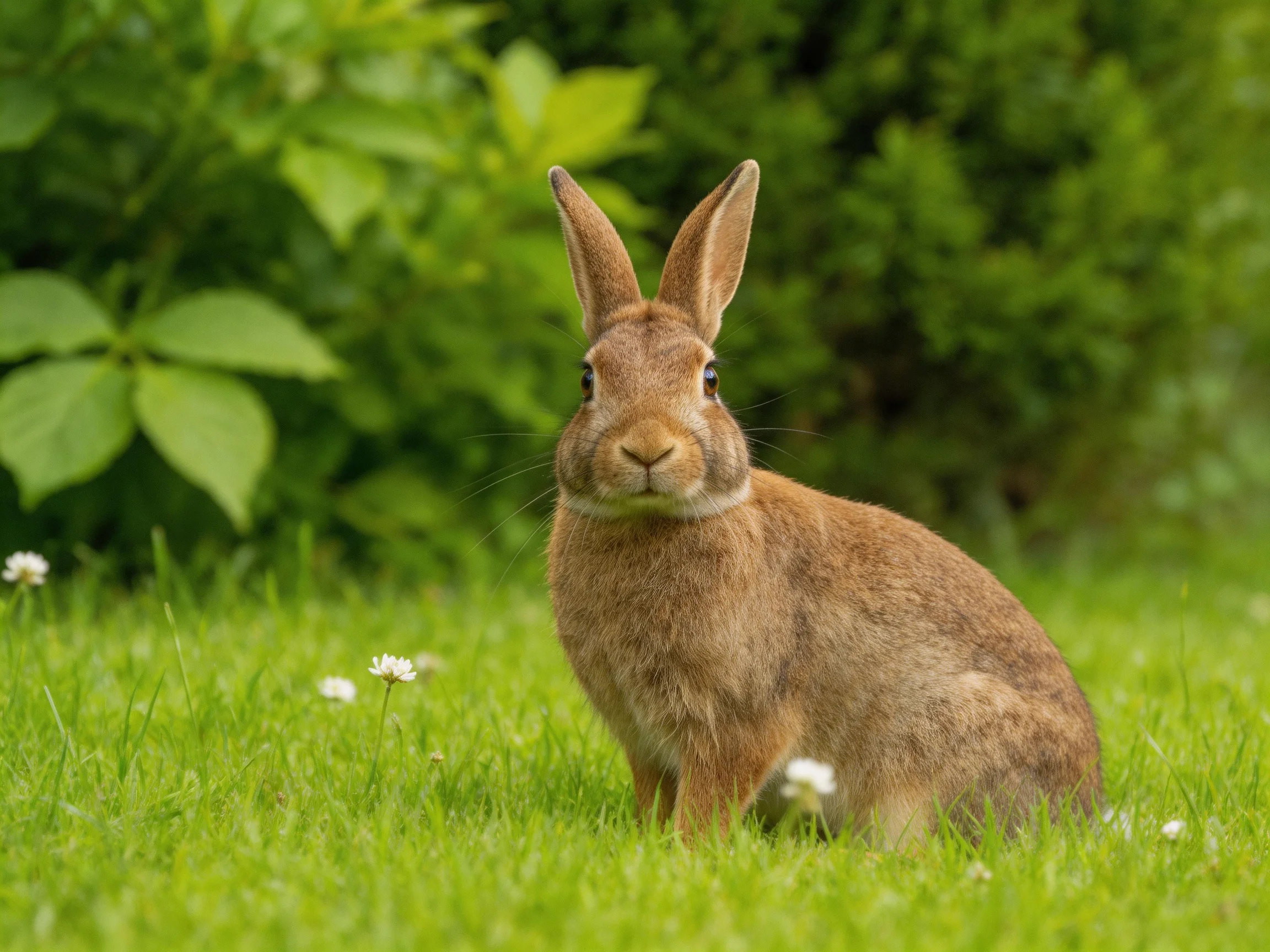 A brown rabbit sits in lush green grass near leafy bushes