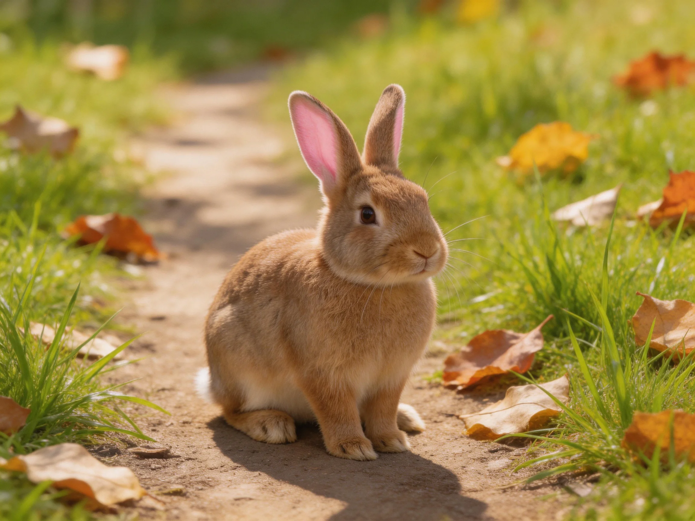A brown rabbit sits on a dirt path among green grass and fallen leaves