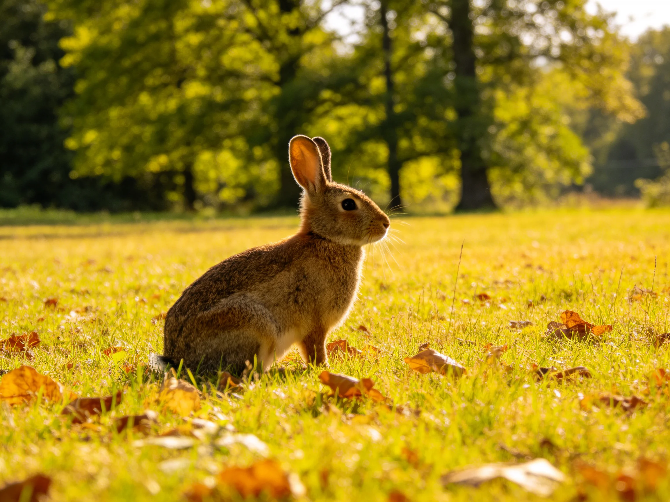 A brown rabbit sits on golden grass near green trees