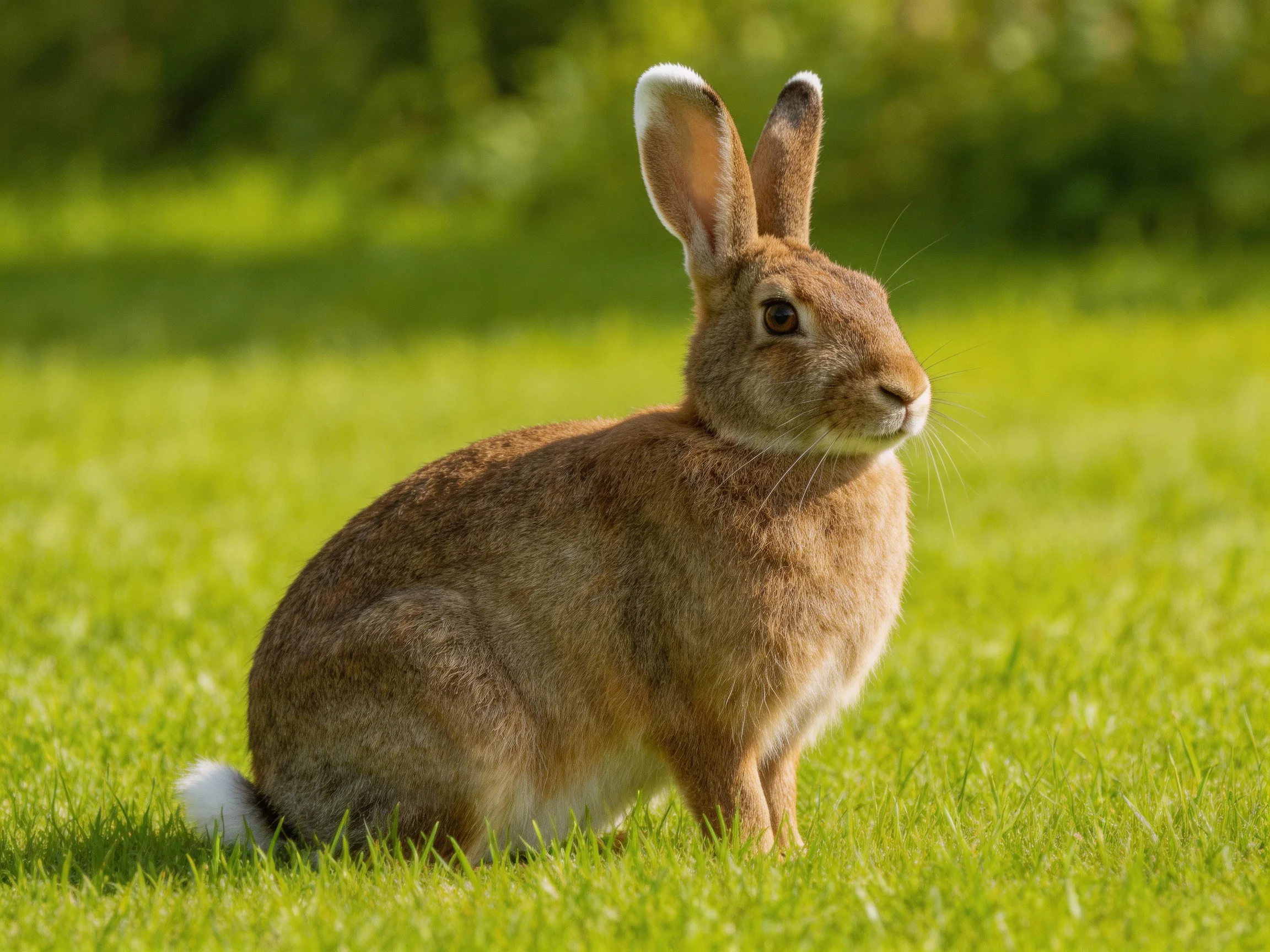 A brown rabbit sits on lush green grass in bright sunlight