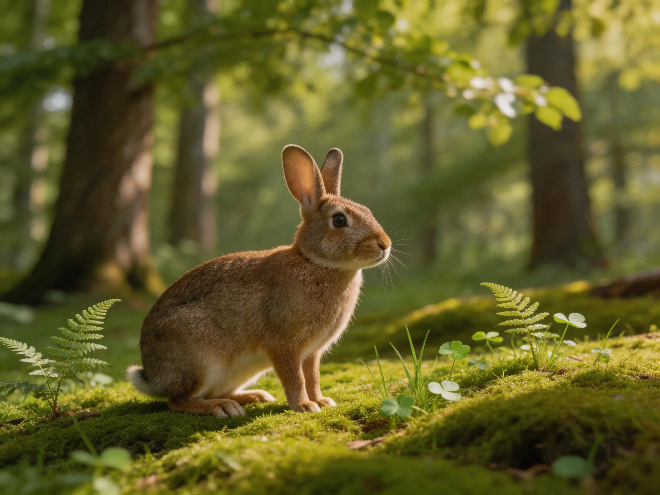 A brown rabbit sits on lush moss amid ferns and sun-dappled trees