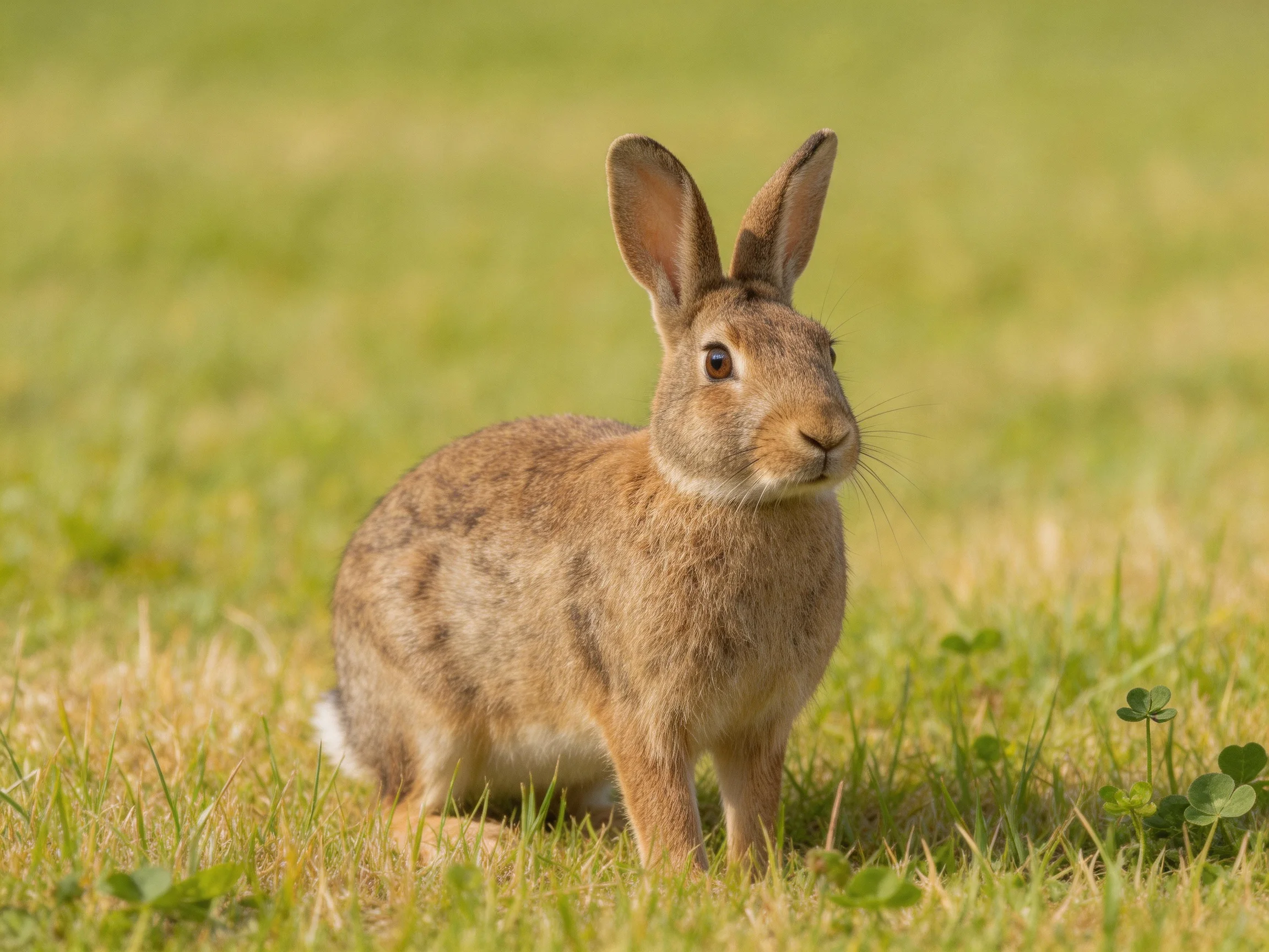 A brown rabbit stands in a sunlit green grassy field