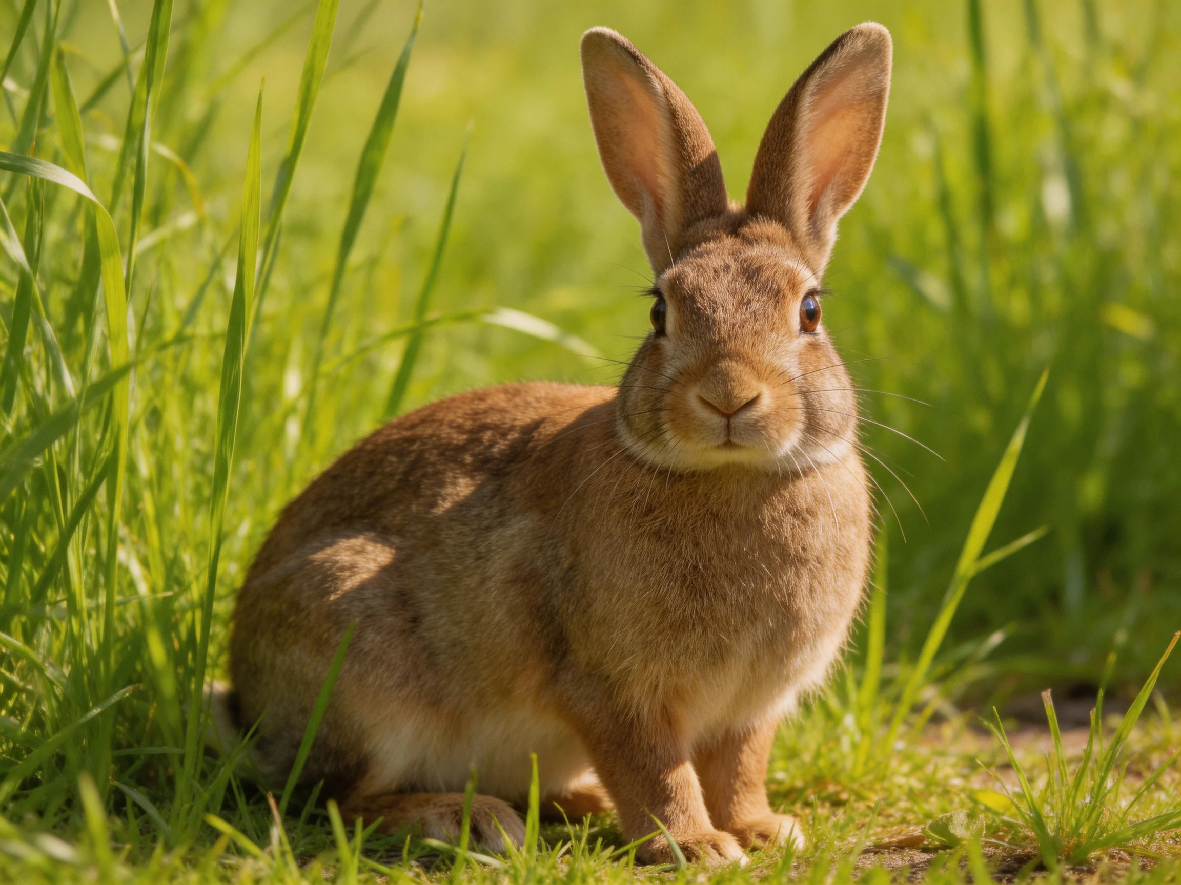 A brown rabbit with long ears sits in lush green grass