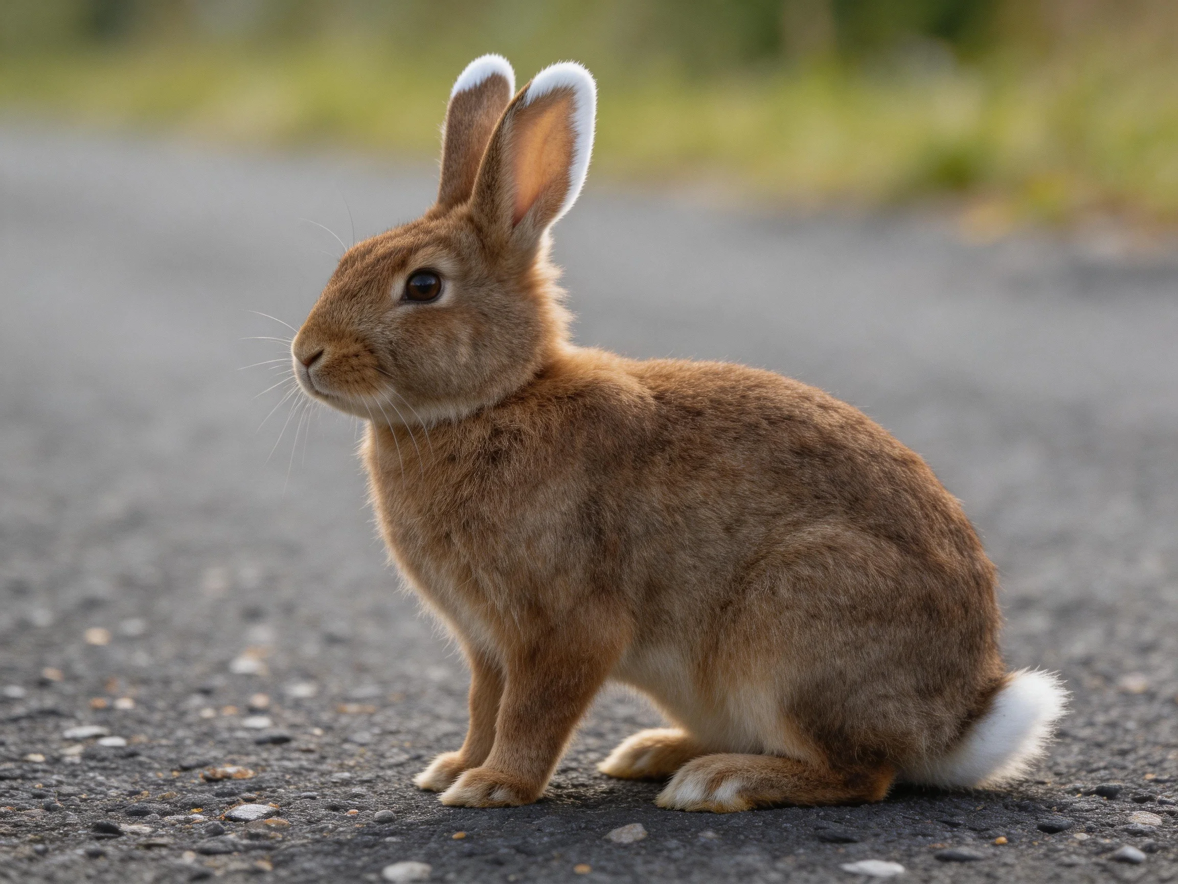 A brown rabbit with white-tipped ears sits on an asphalt road