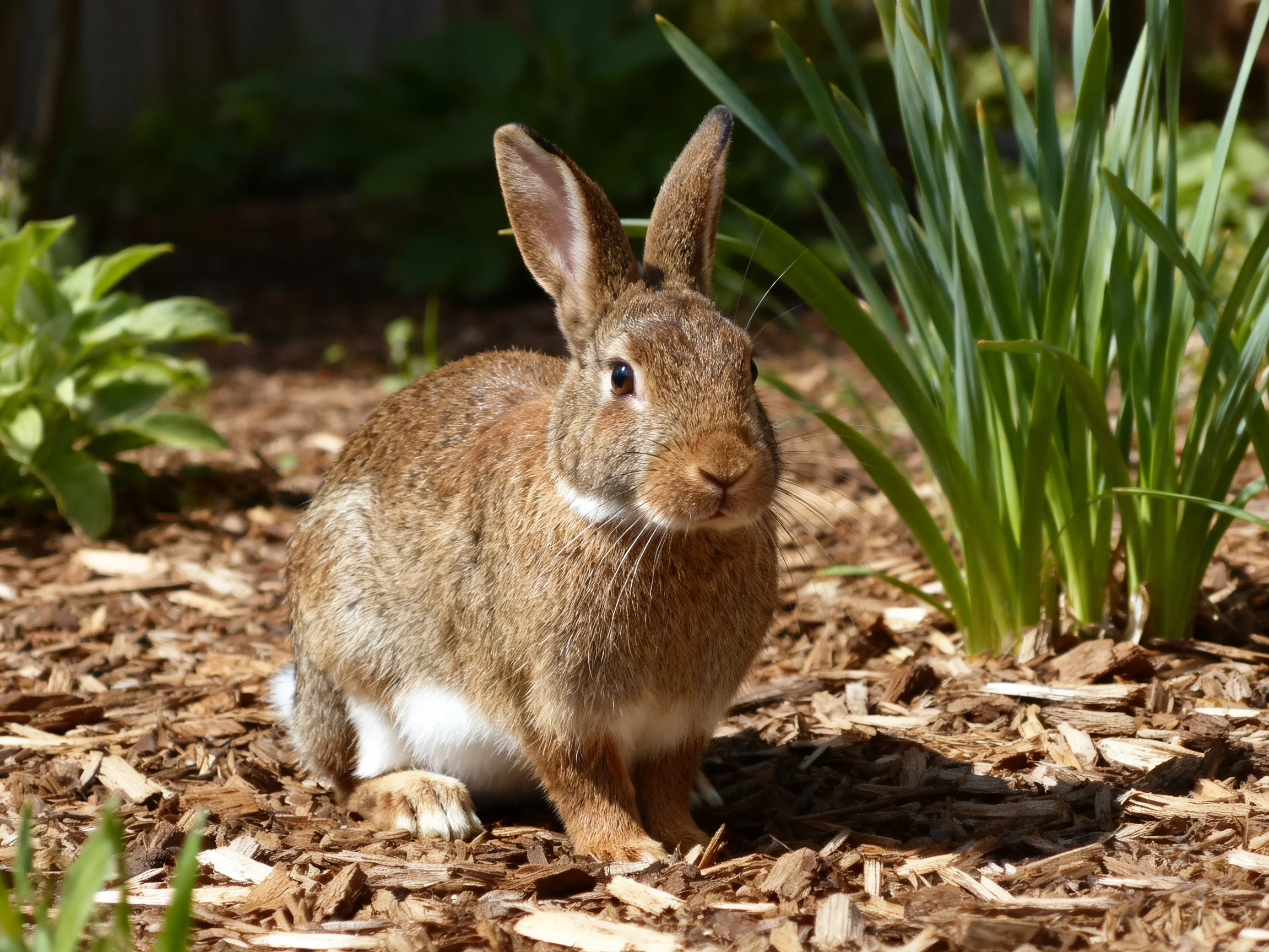 A brown rabbit with white underbelly sits amid green plants on wood chips