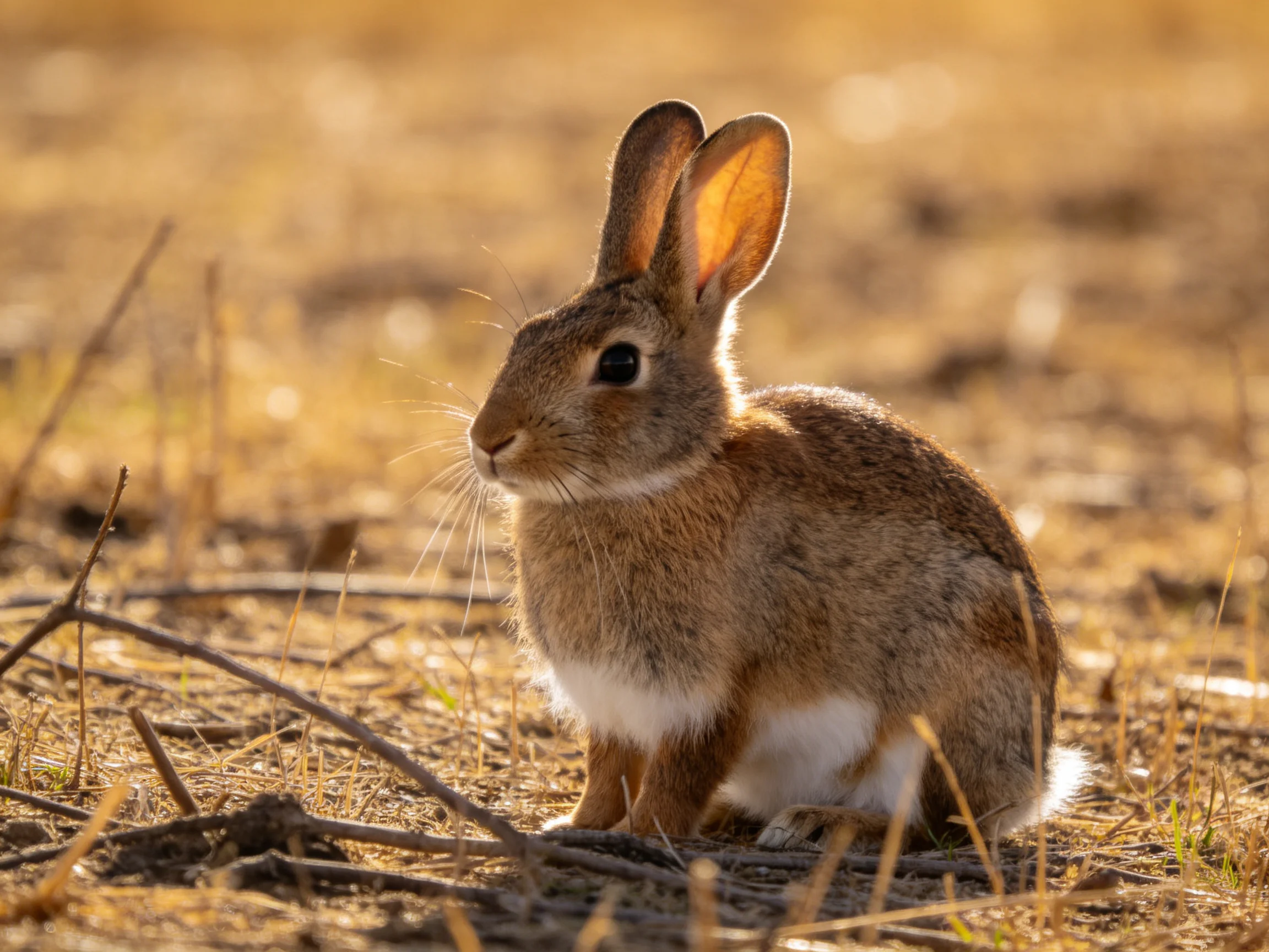 A brown rabbit with white underbelly sits in golden, dry grass