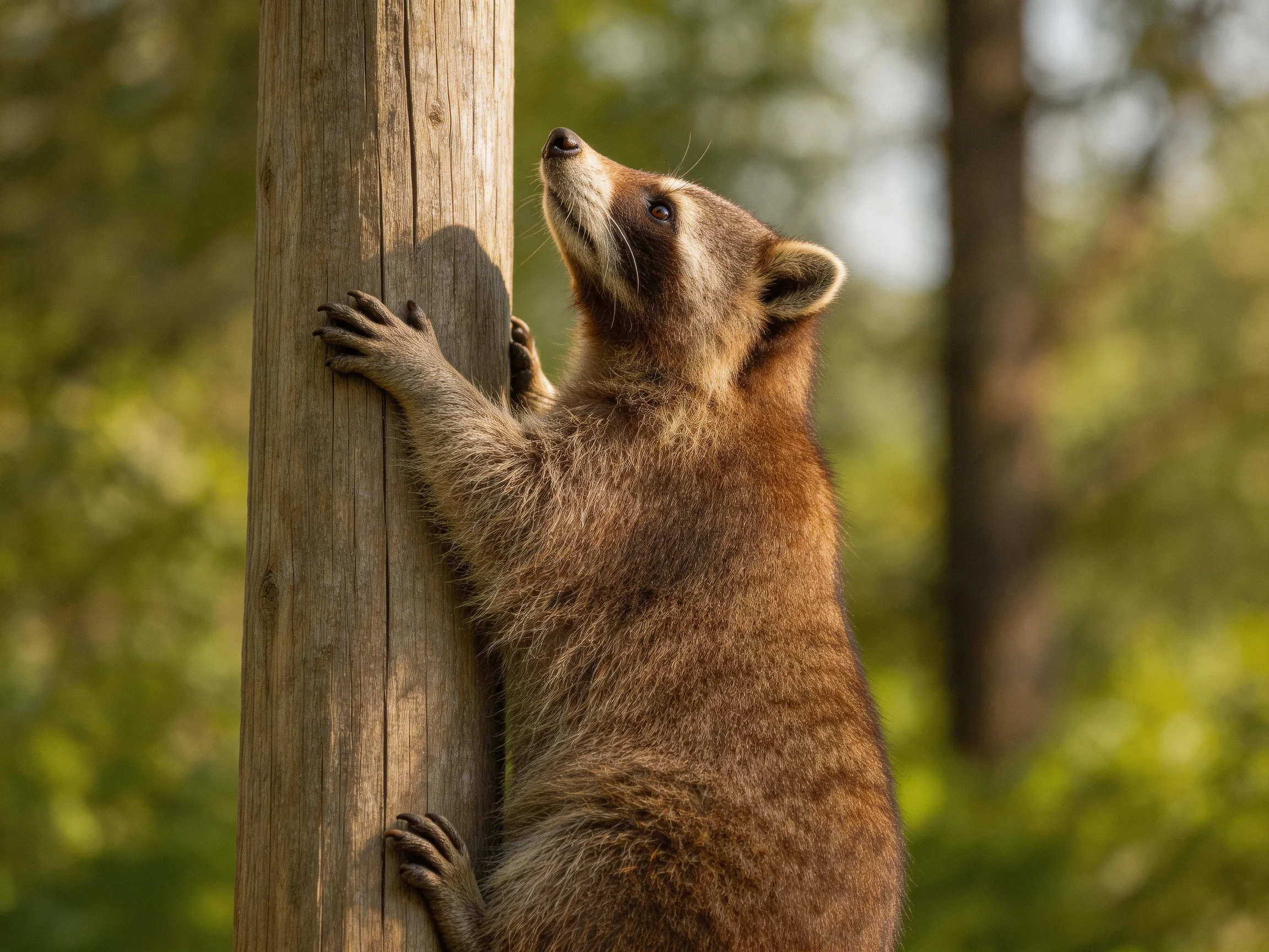 A brown raccoon climbs a weathered wooden pole near dense green trees