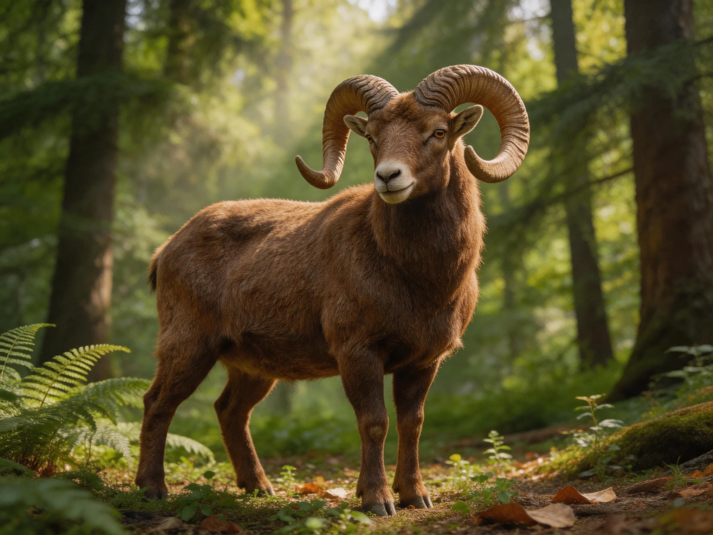 A brown ram with large curved horns stands in a sun-dappled forest.