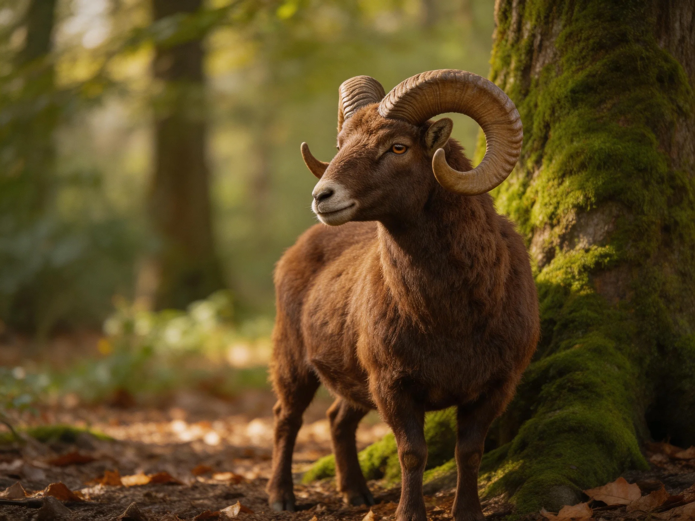 A brown ram with large curved horns stands near a mossy tree in a sunlit forest.