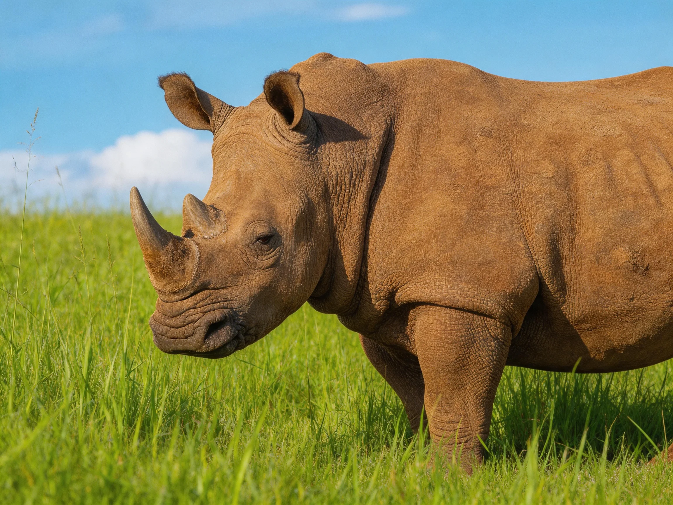 A brown rhinoceros in tall green grass under a clear blue sky