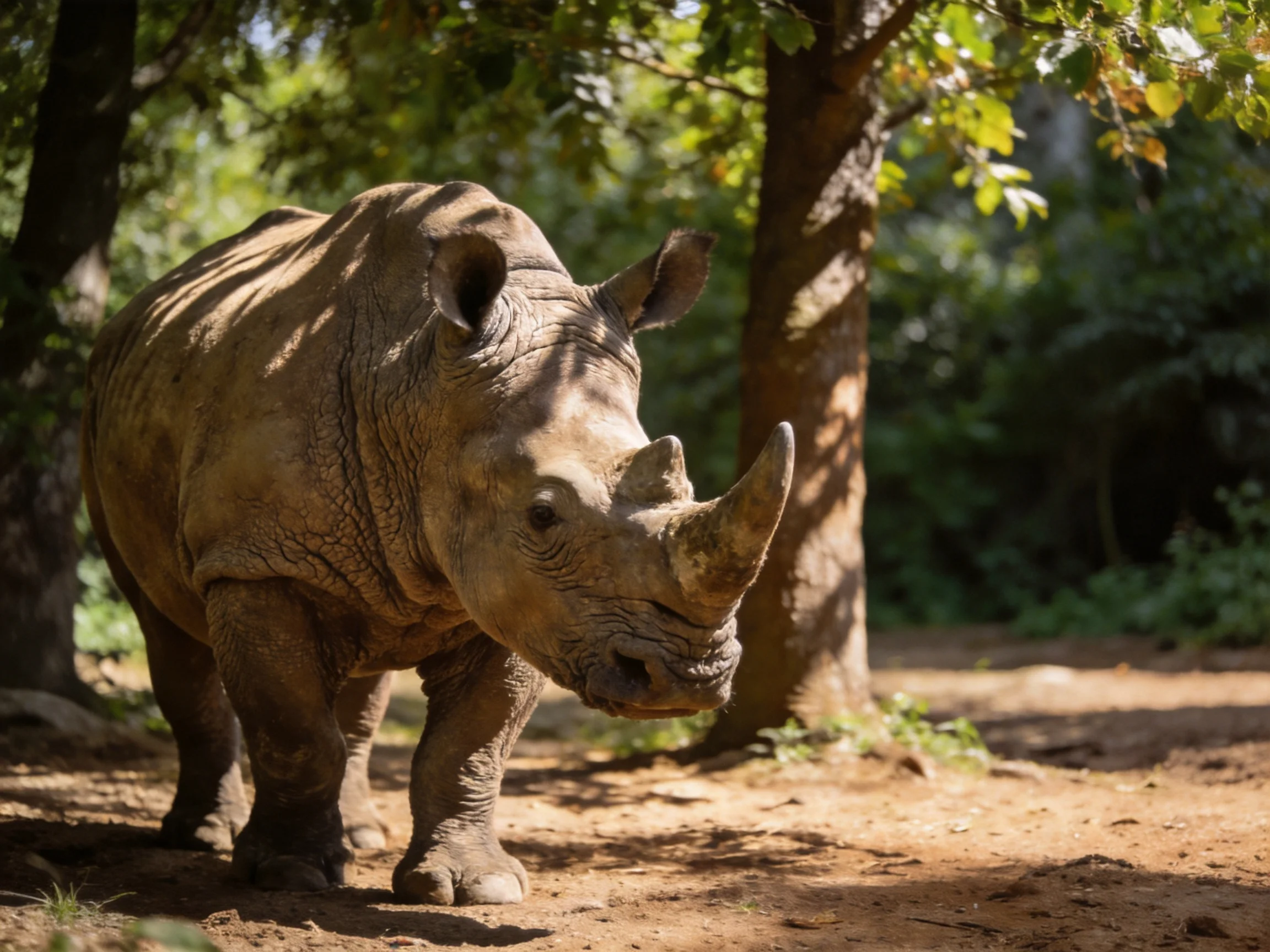 A brown rhinoceros walks near tall green trees with sunlight filtering