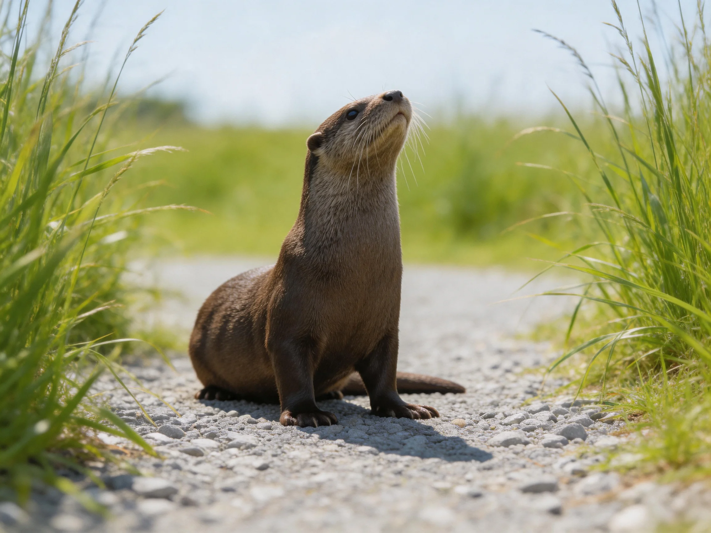 A brown river otter sits on a gravel path flanked by tall green grass