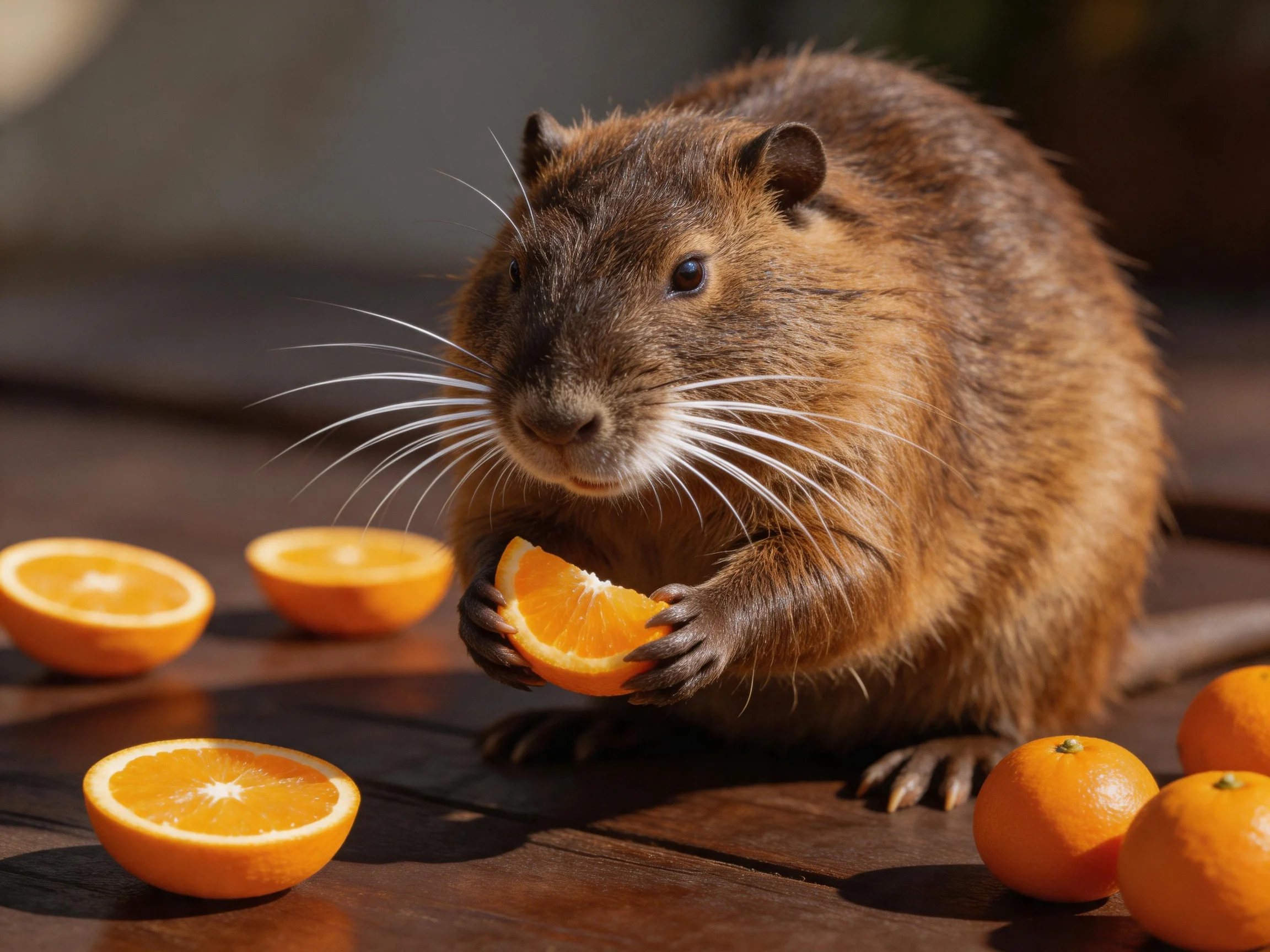 A brown rodent enjoys orange slices on a wooden surface