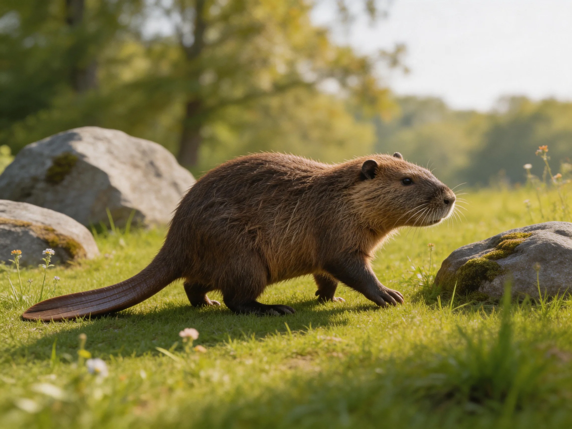 A brown rodent explores a grassy meadow with mossy rocks