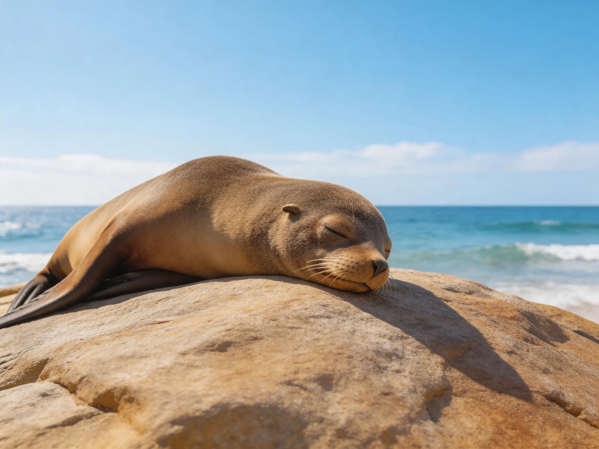 A brown sea lion rests on a large tan rock by the ocean