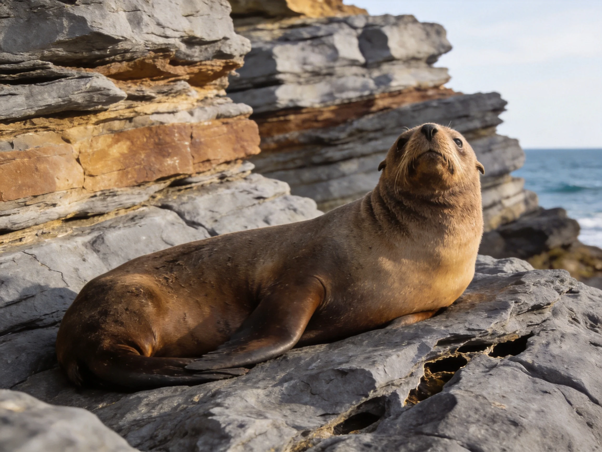 A brown sea lion rests on layered gray coastal rocks by the ocean