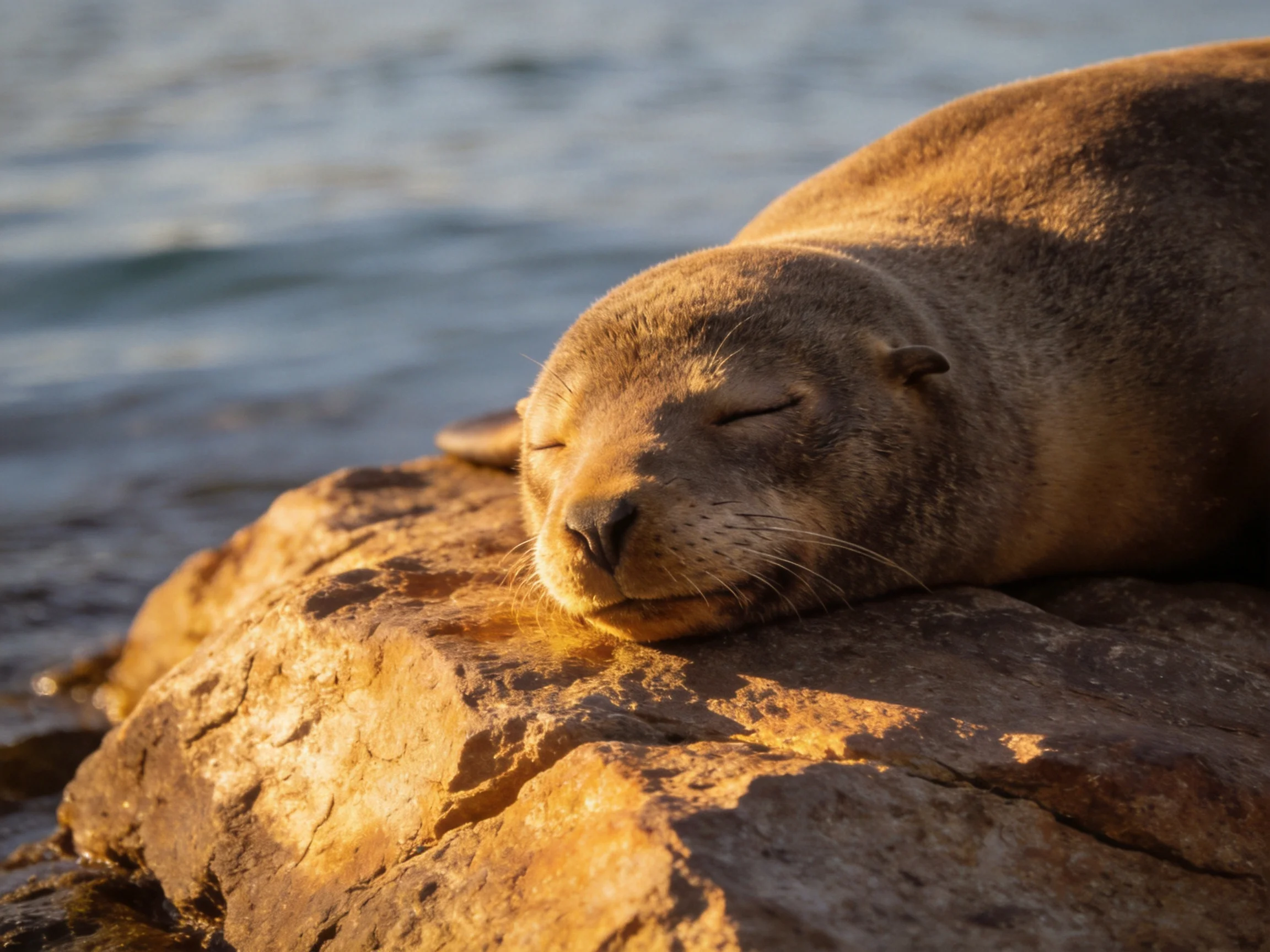 A brown sea lion sleeps on a sun-kissed rocky outcrop by calm waters
