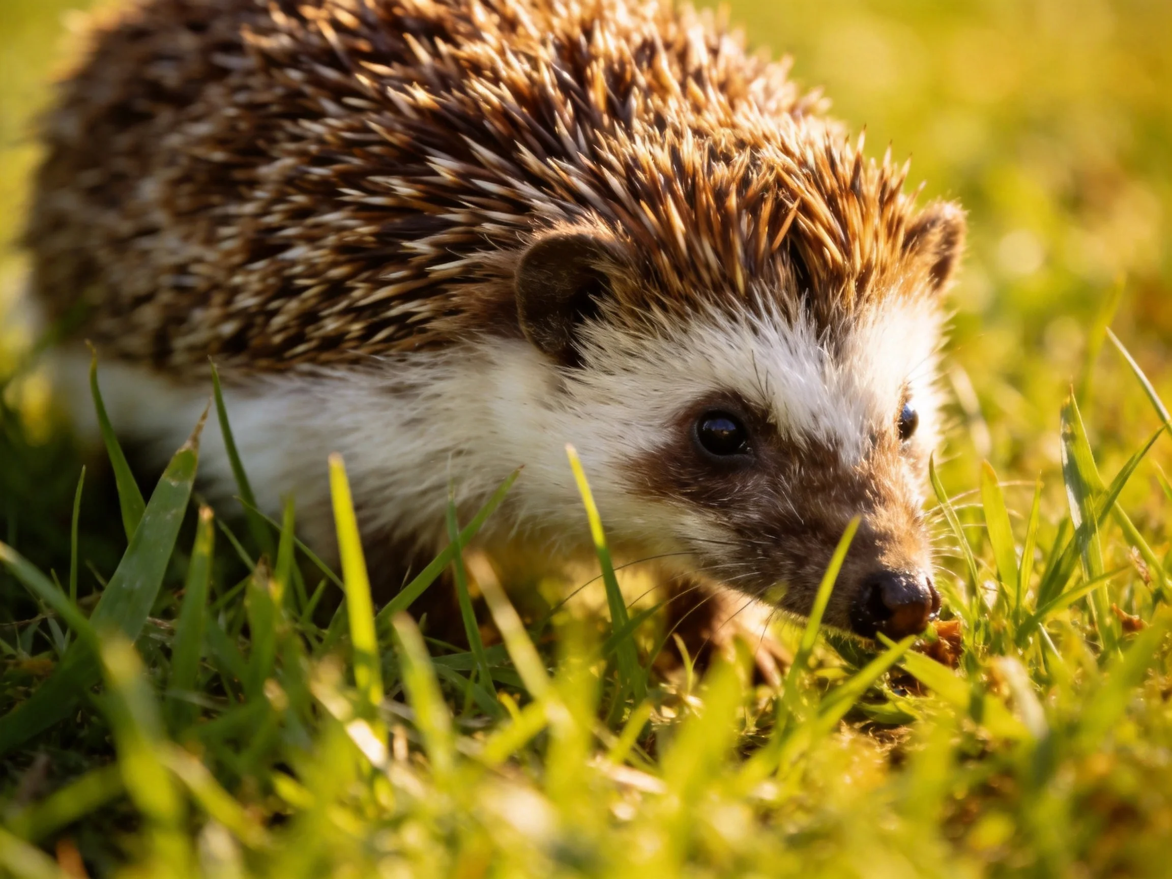 A brown-spined hedgehog explores vibrant green grass in soft sunlight