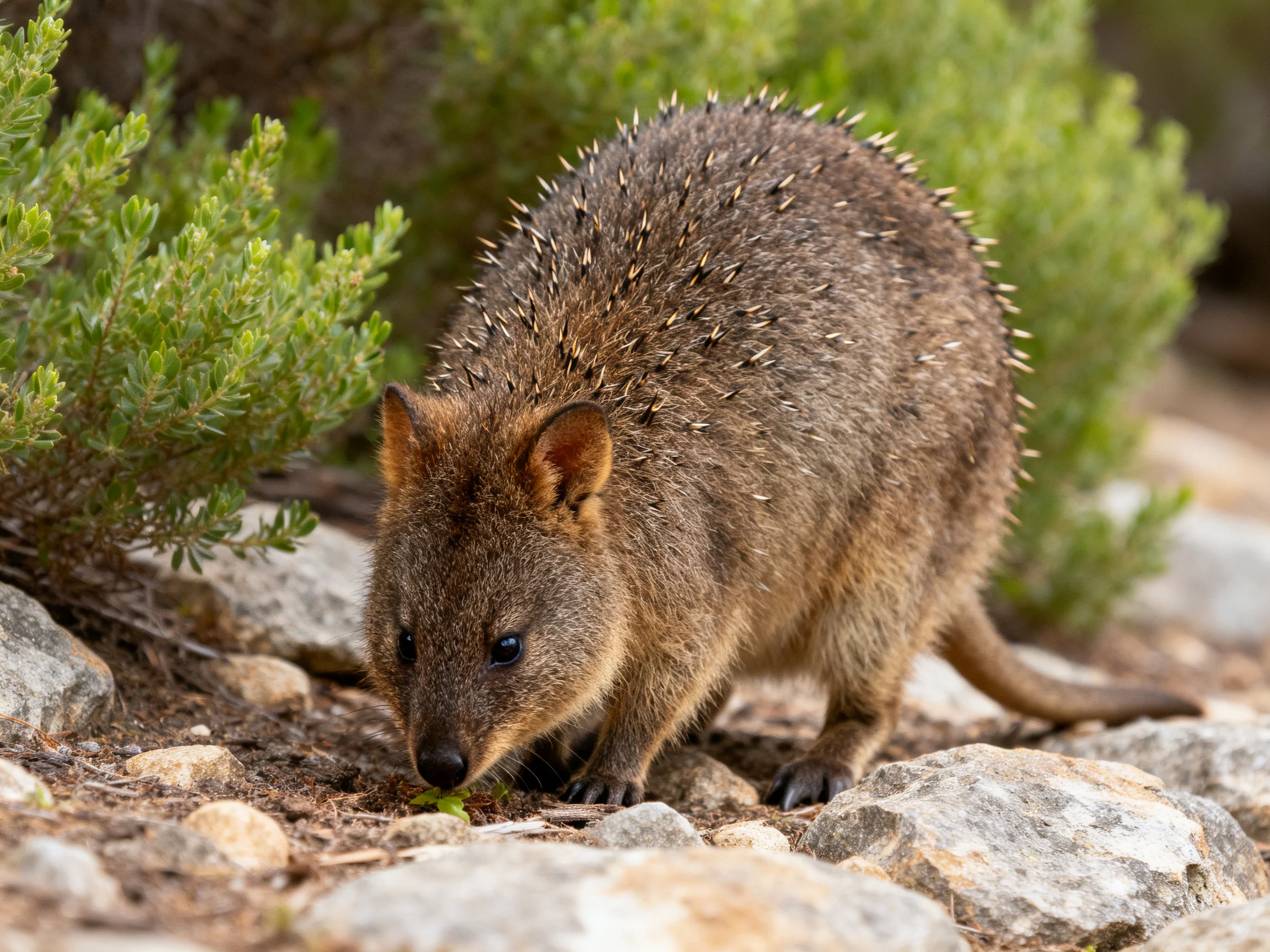 A brown-spined marsupial forages near rocky terrain with green shrubs