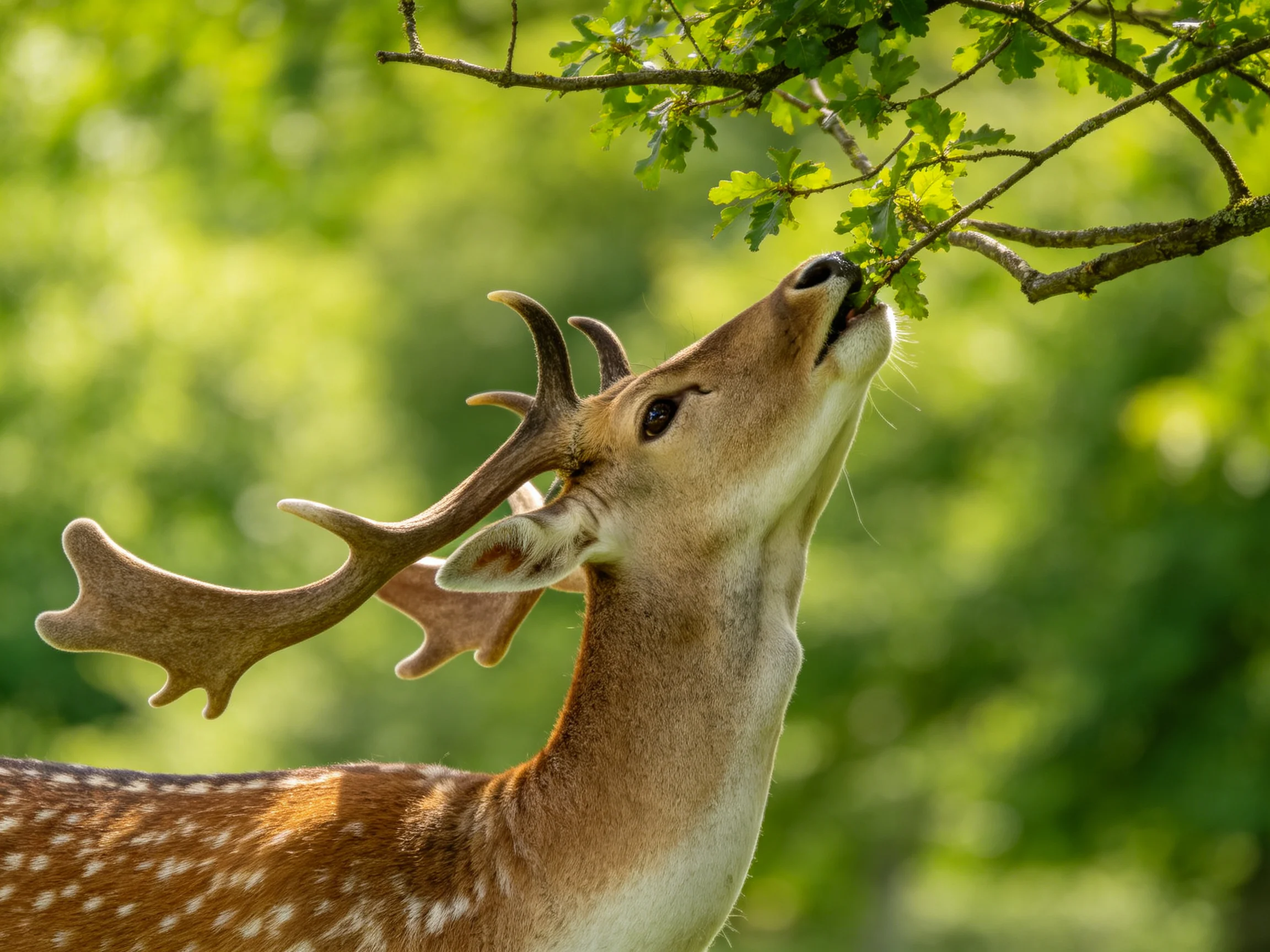 A brown-spotted deer nibbles green leaves from a tree branch