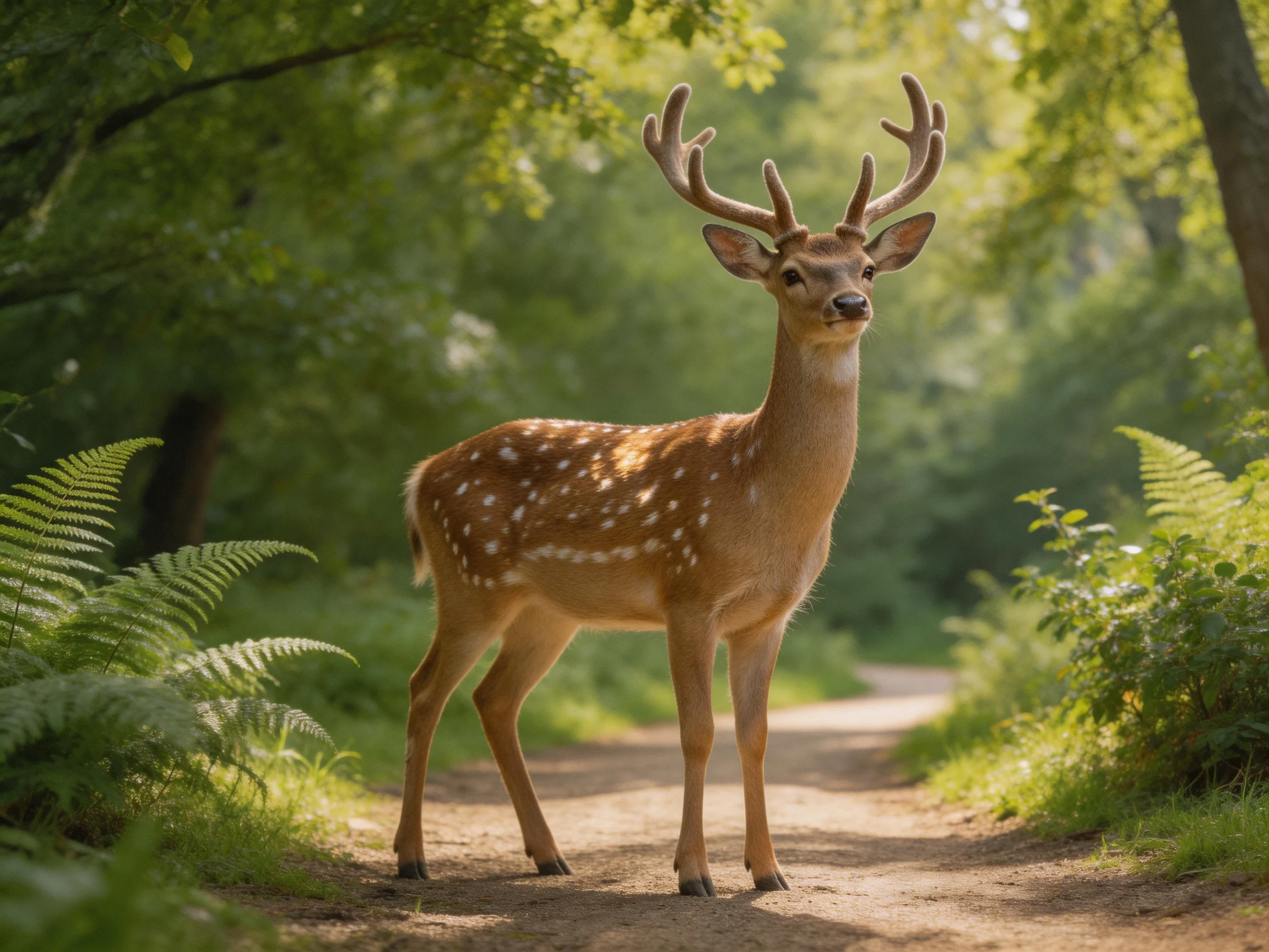 A brown-spotted deer stands on a sunlit forest path surrounded by lush greenery.