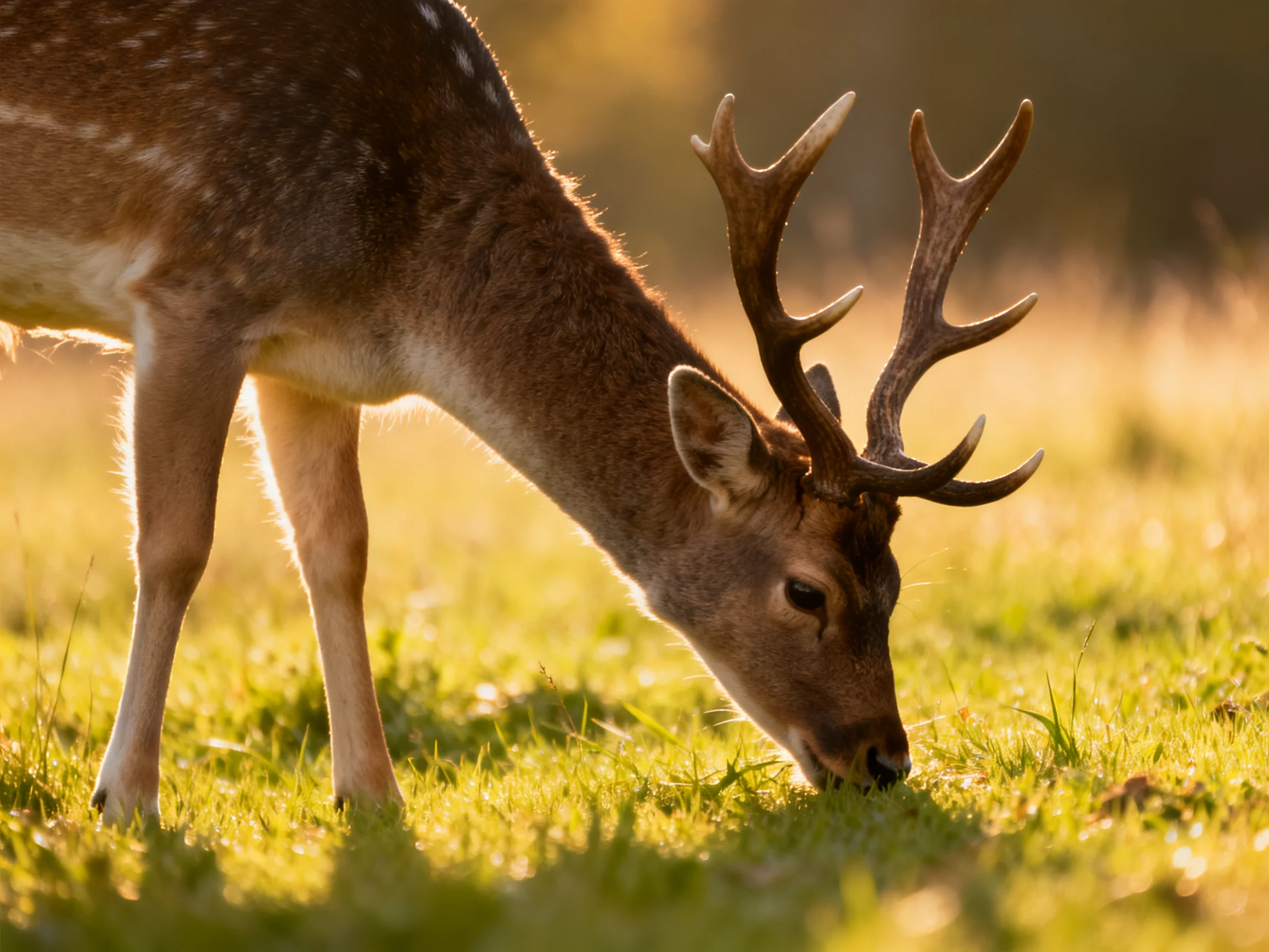 A deer with antlers feeds on grass in a sunlit meadow.