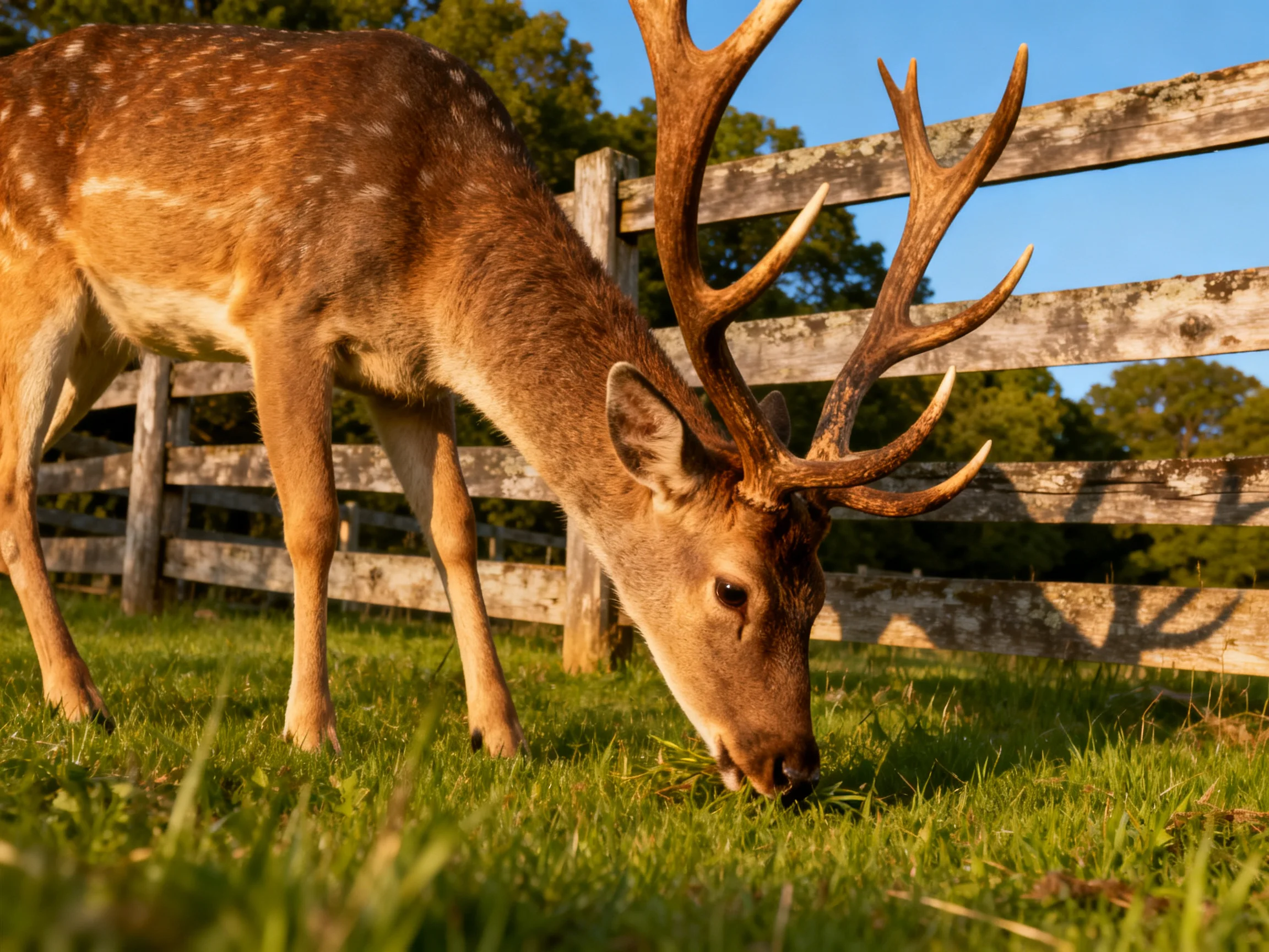 A deer with large antlers feeds near a weathered wooden fence.