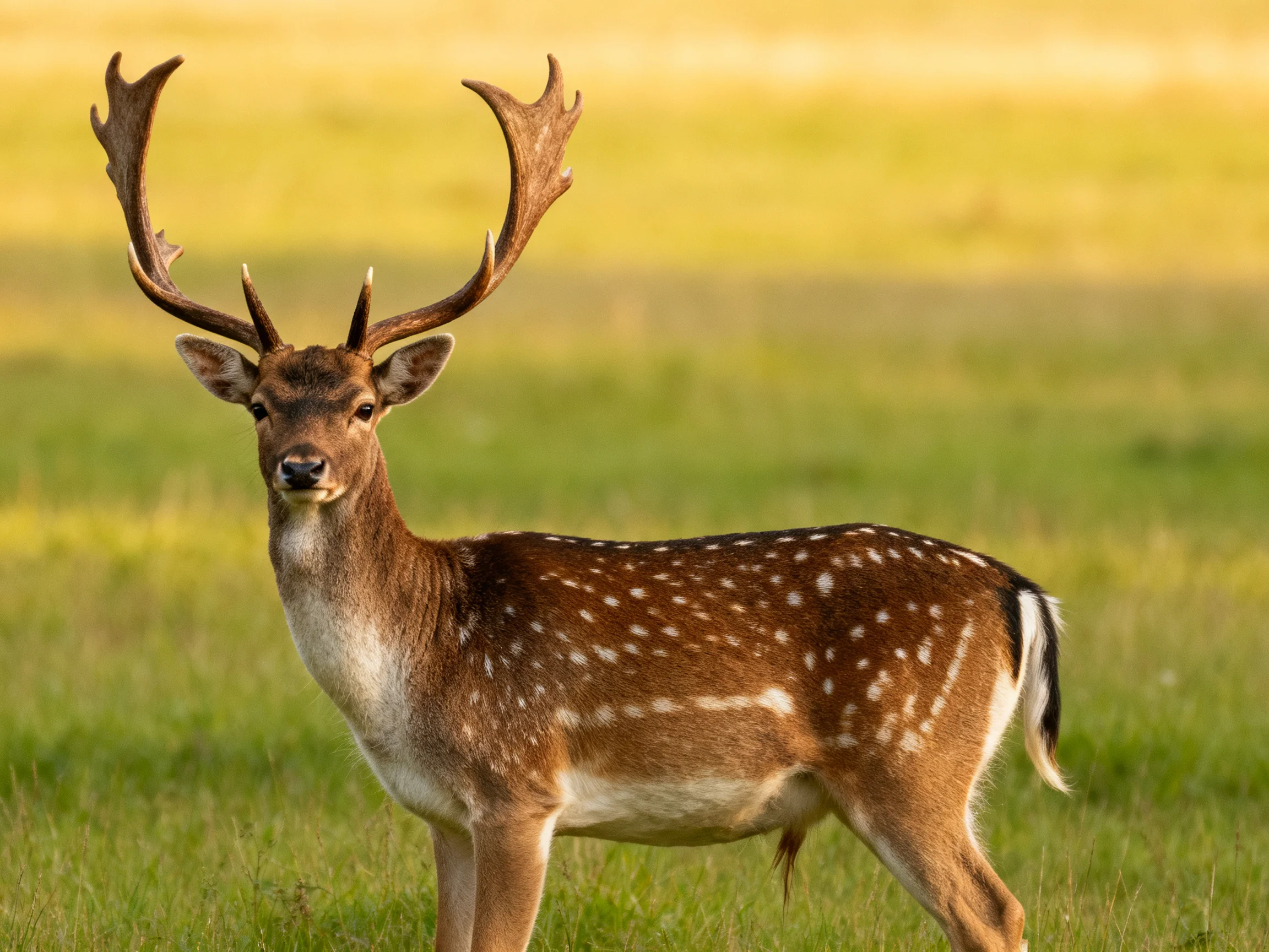 A brown-spotted deer with large antlers stands in a sunlit meadow.