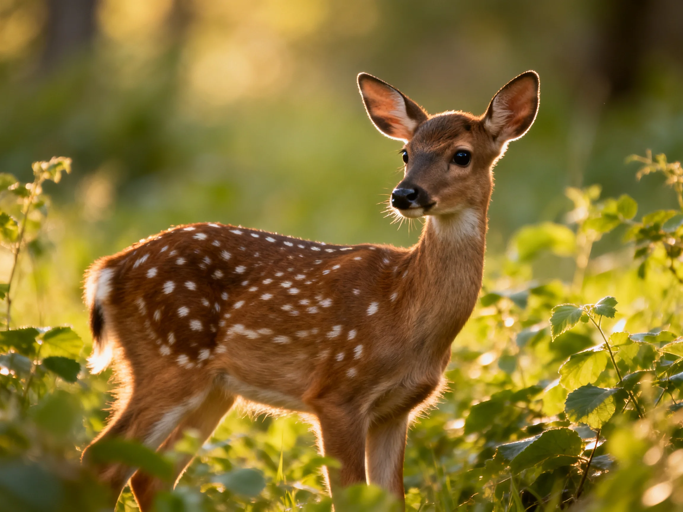 A spotted deer with white spots is among green plants in bright light.