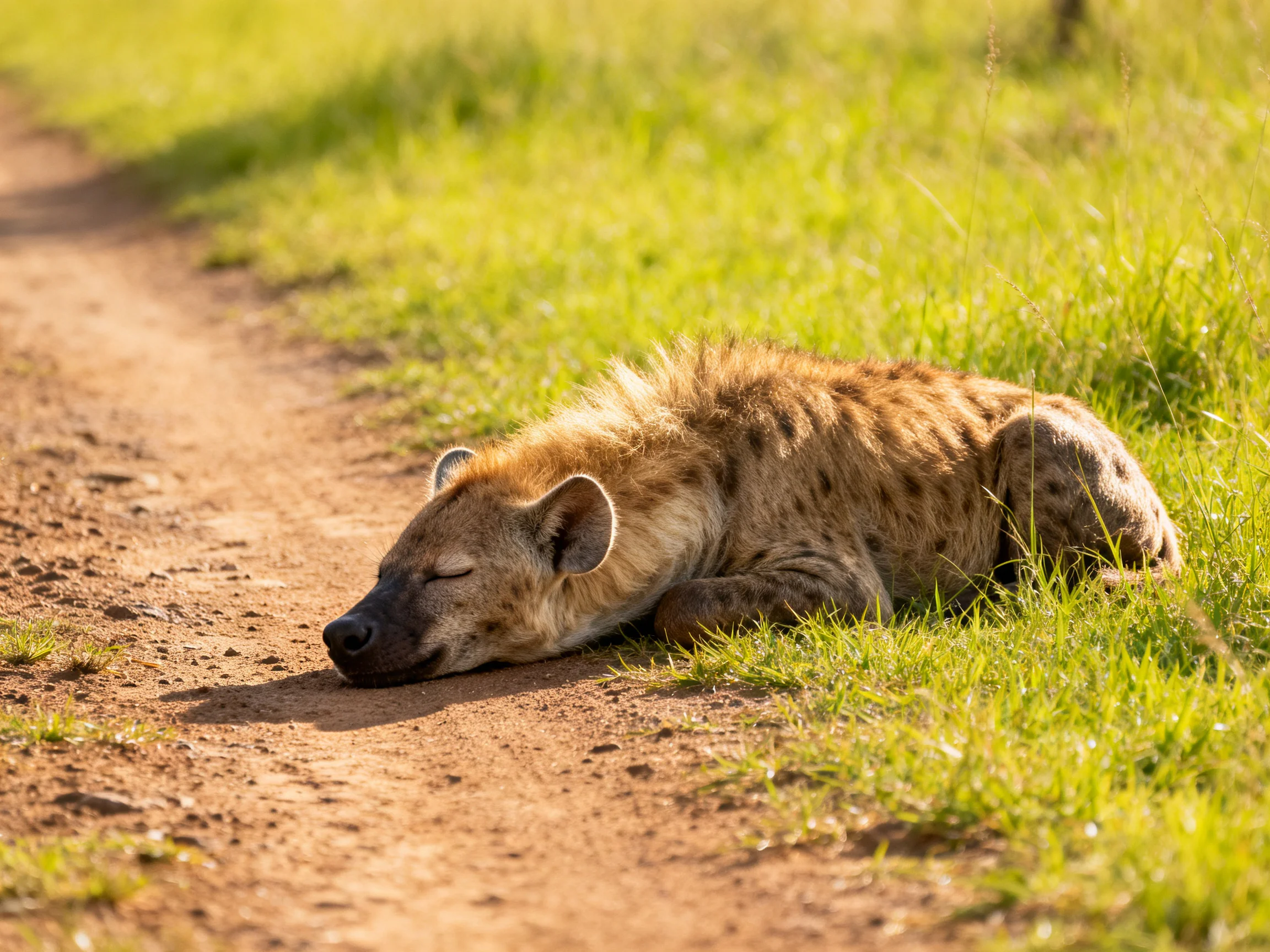 A spotted hyena rests peacefully beside a sunlit dirt path surrounded by green grass.