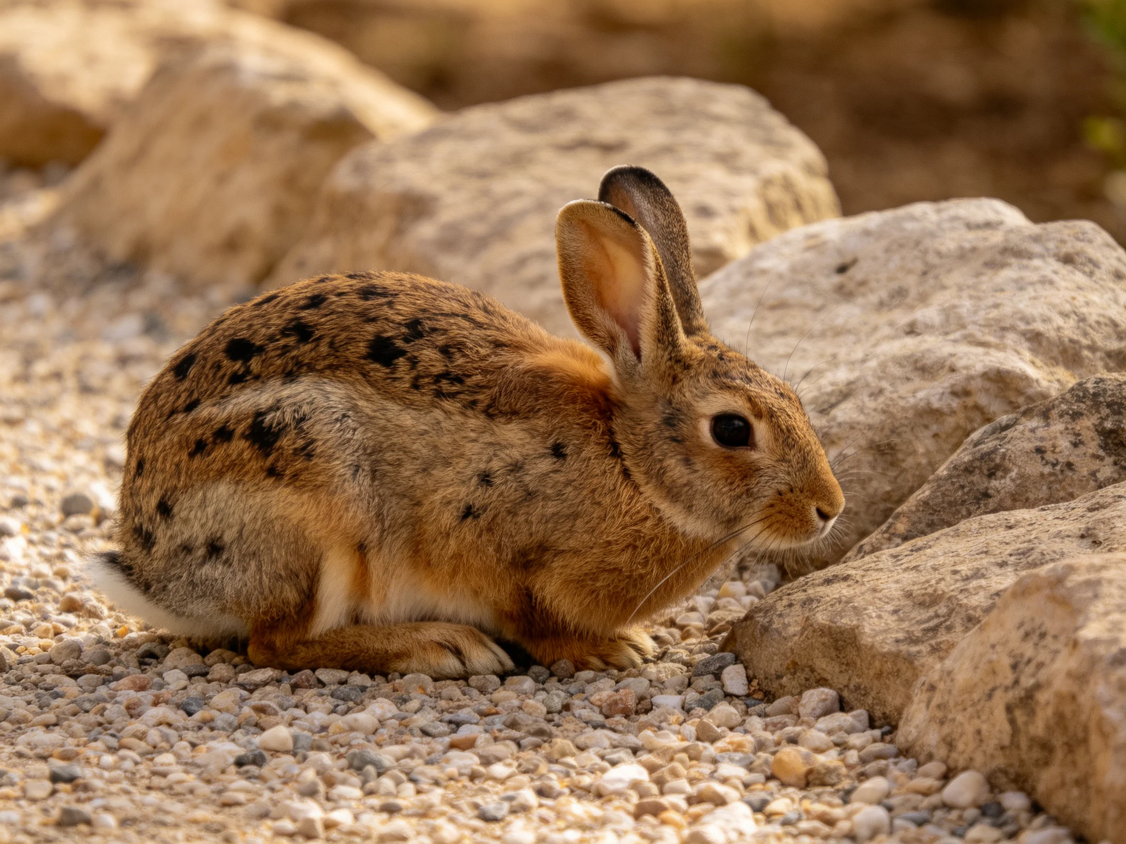 A brown-spotted rabbit near large beige rocks on gravel