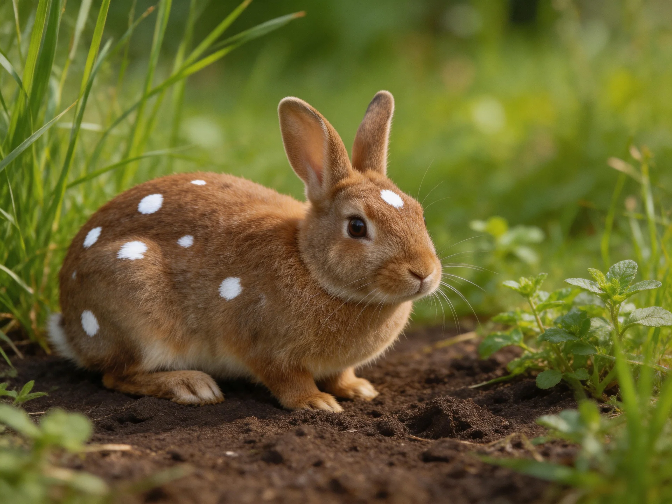 A brown-spotted rabbit sits amid tall green grasses