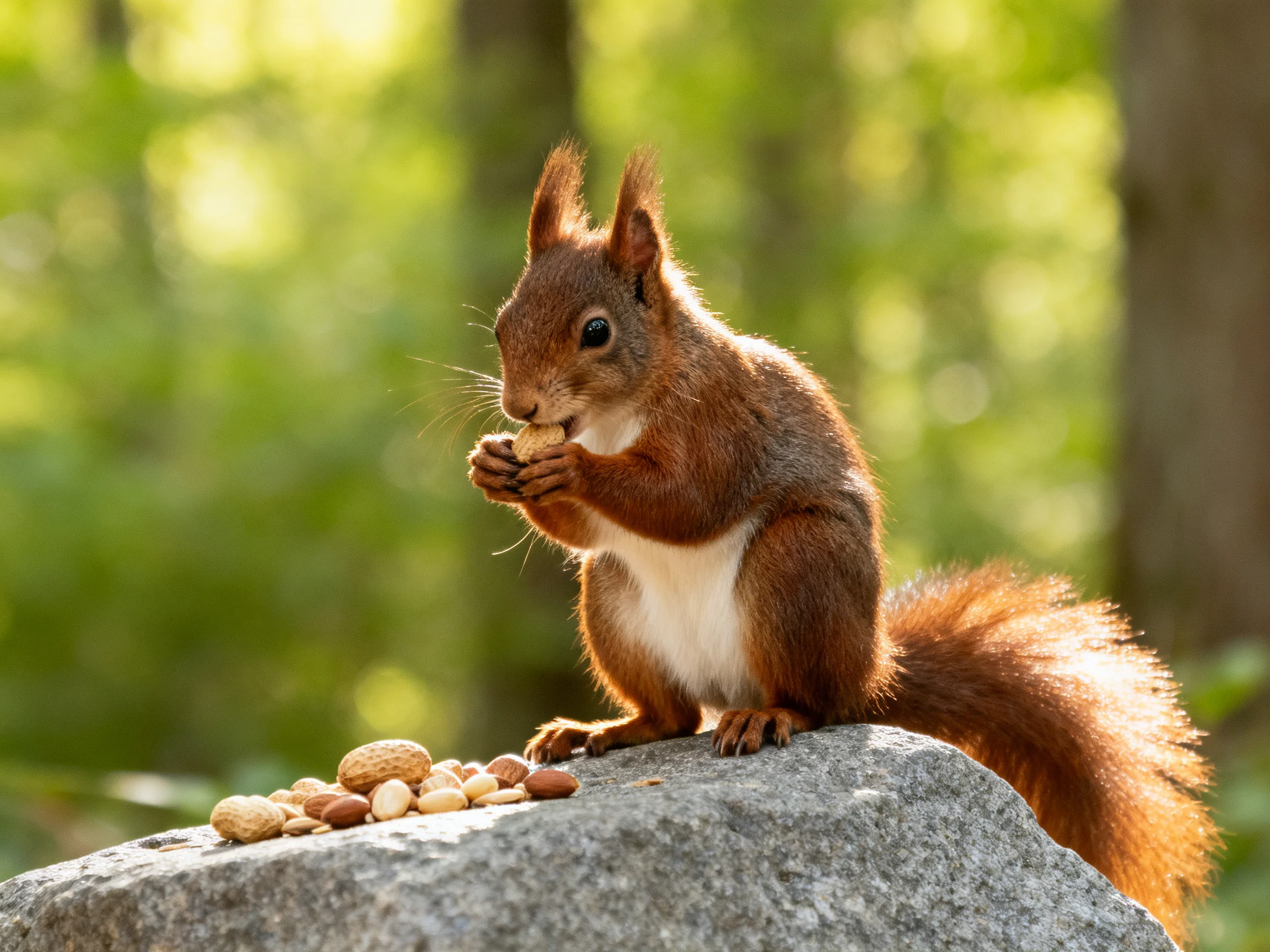 A brown squirrel eating nuts atop a gray rock in a sunlit forest