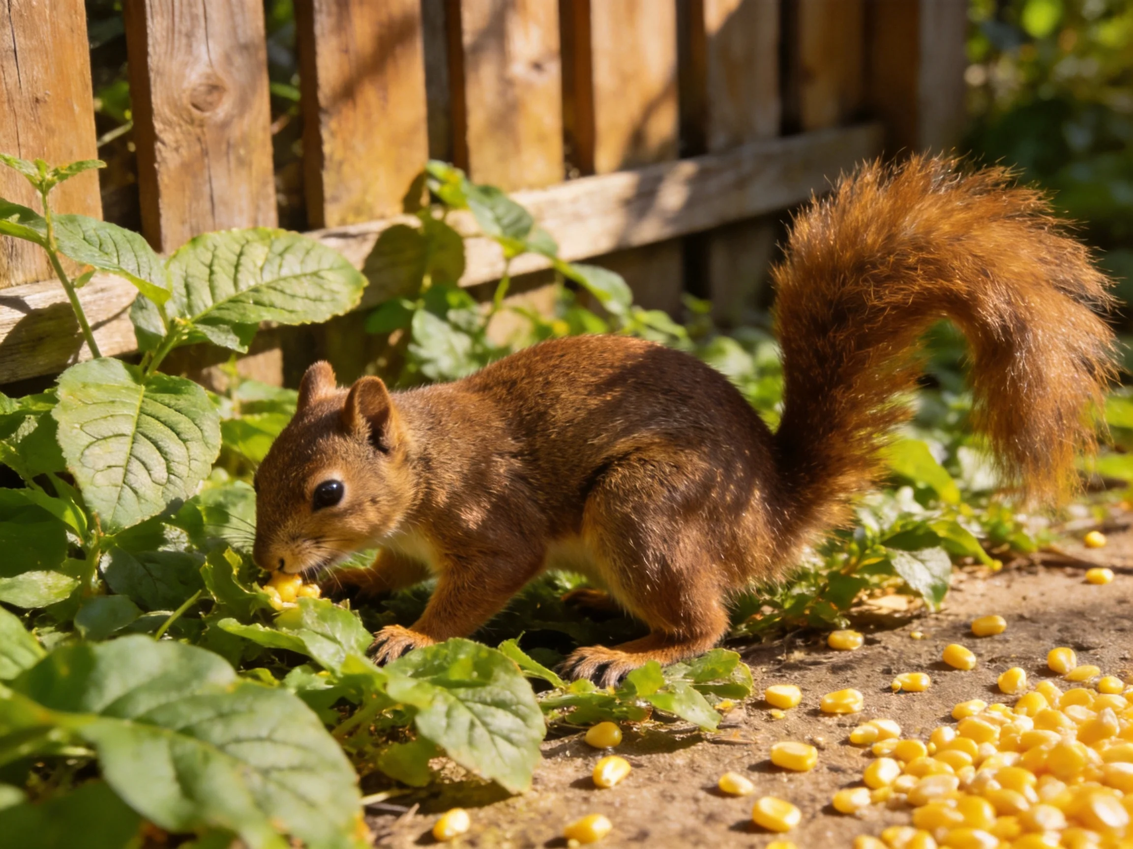 A brown squirrel forages near scattered corn kernels by a wooden fence