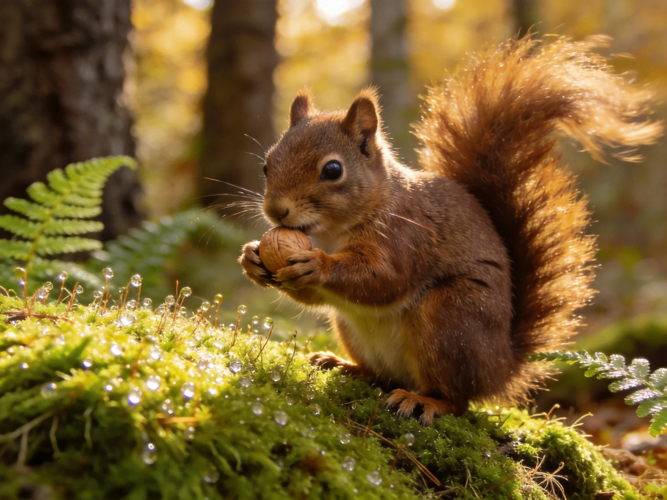 A brown squirrel holds a nut on vibrant green moss in a sunlit forest