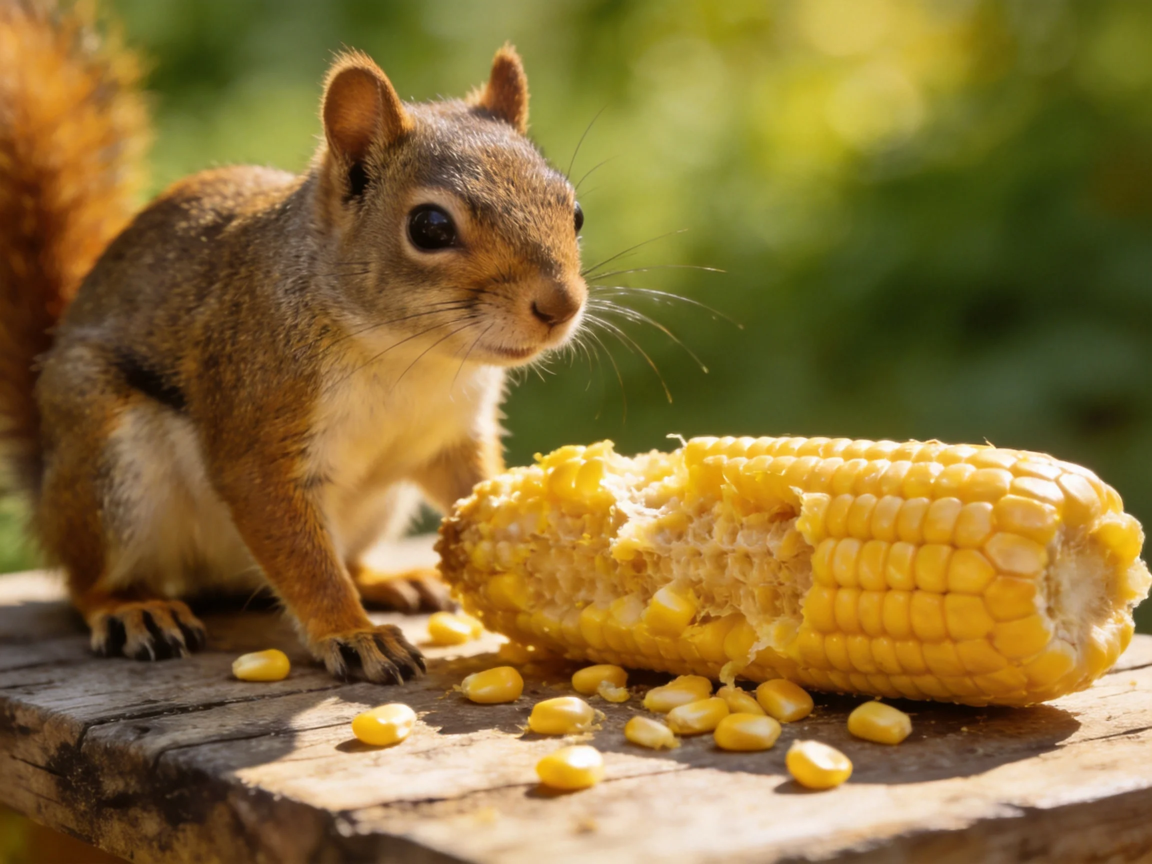 A brown squirrel near a half - eaten yellow corn cob on wood