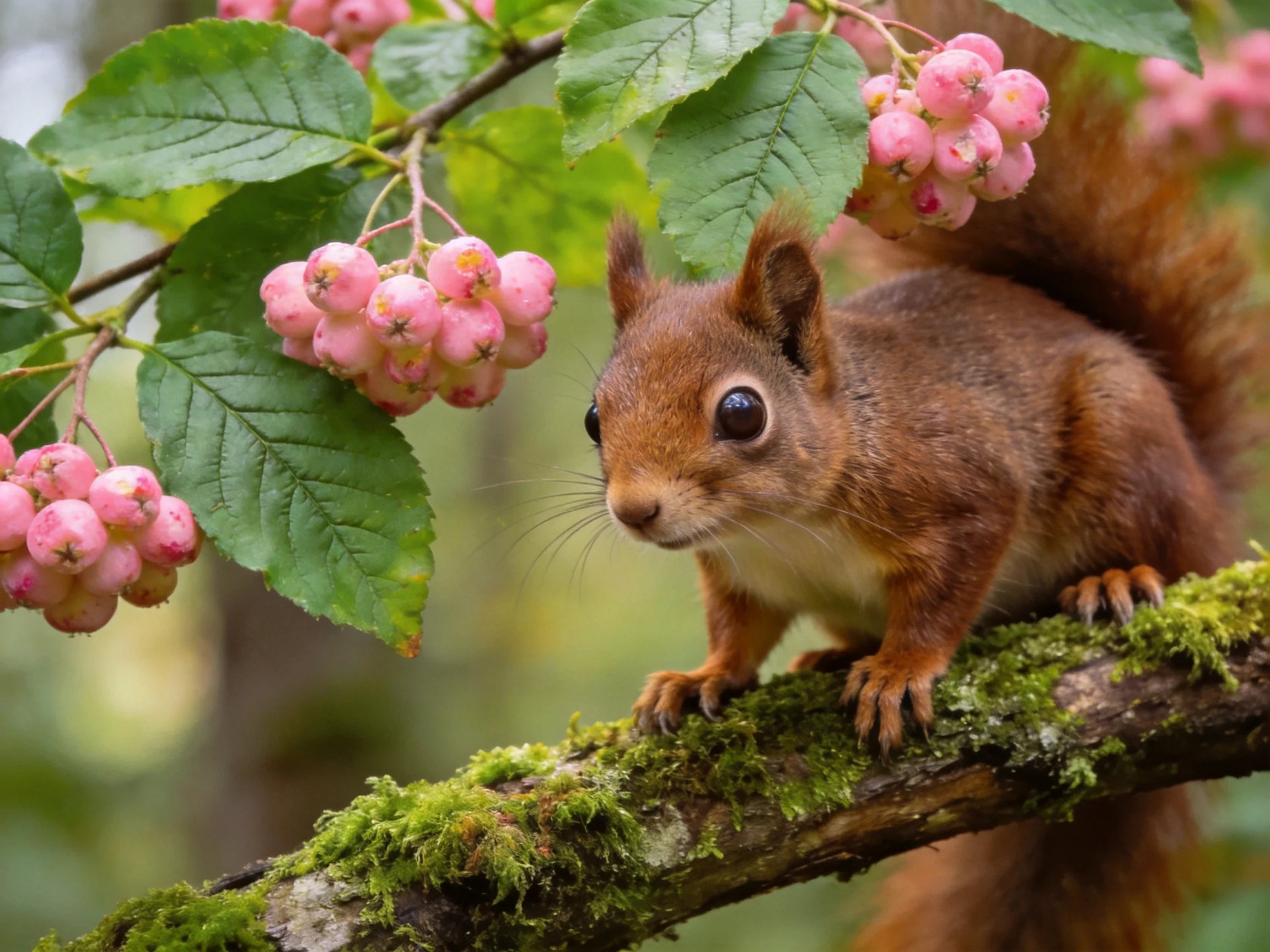 A brown squirrel near pink berry clusters on a mossy branch