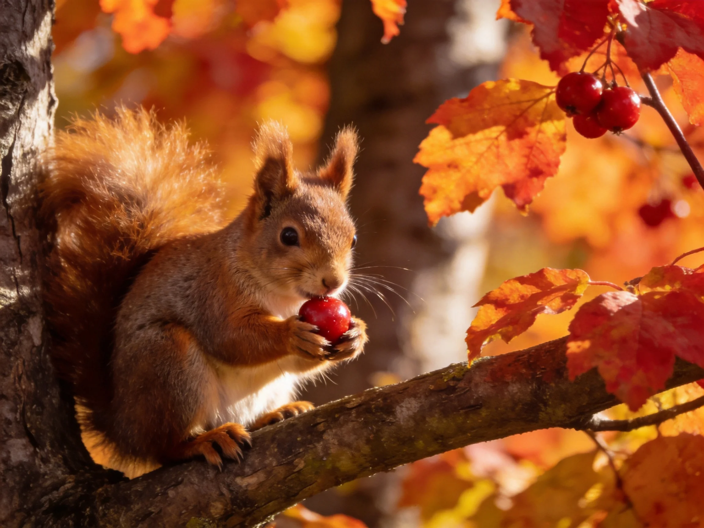 A brown squirrel nibbles a red berry amid vibrant autumn leaves
