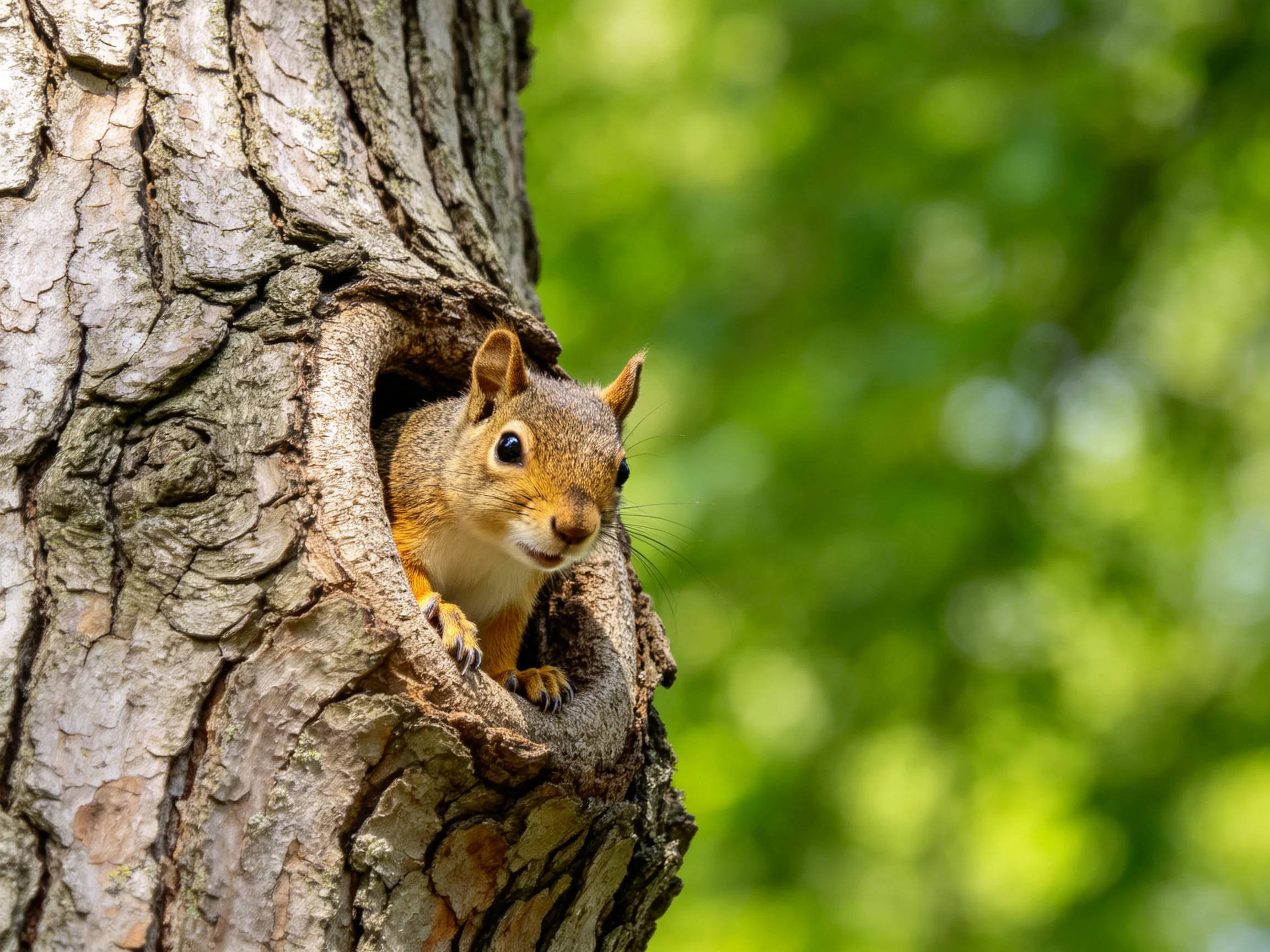 A brown squirrel peeks out of a tree hollow among green foliage.