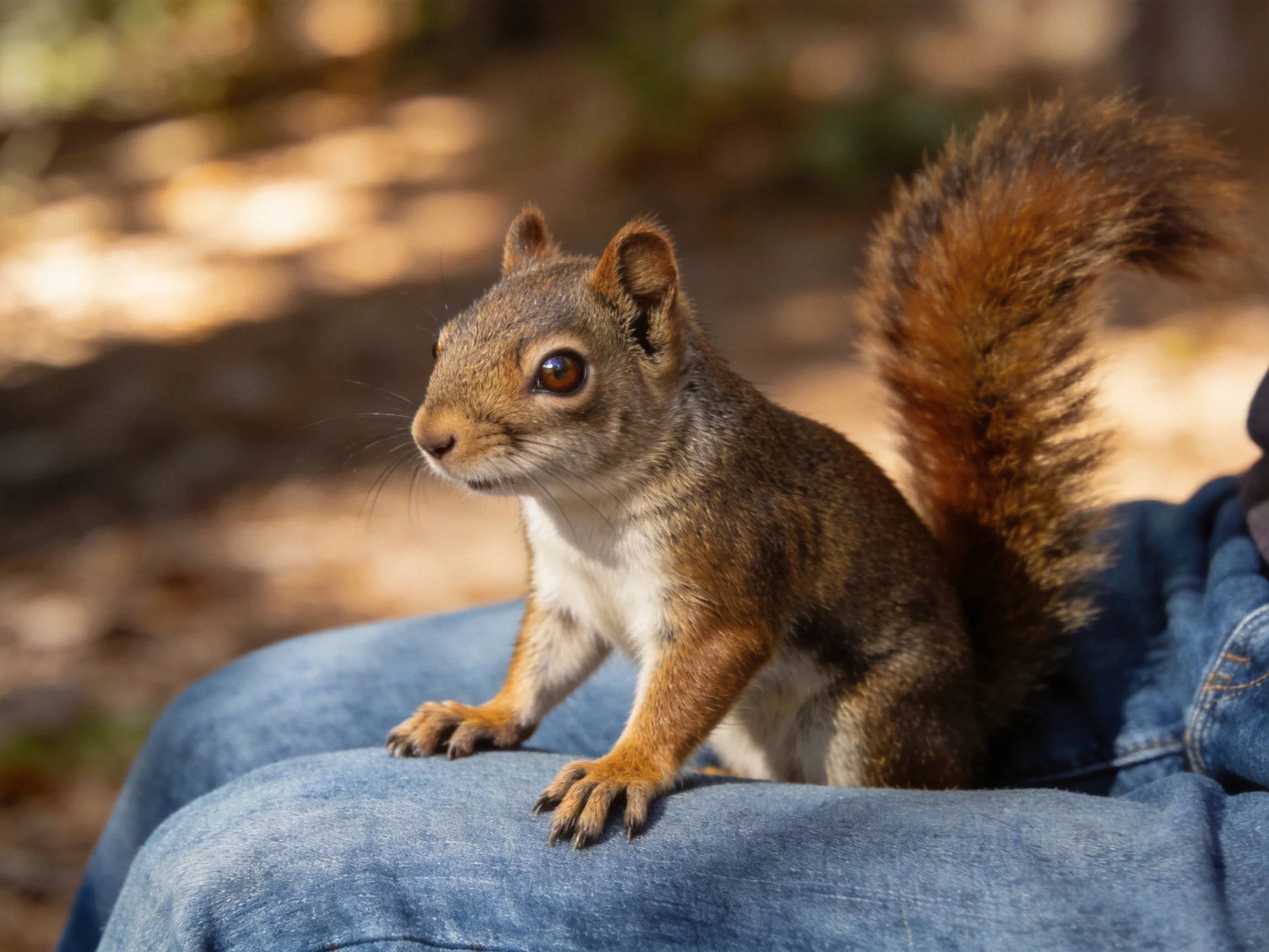 A brown squirrel perched on blue denim pants in natural light