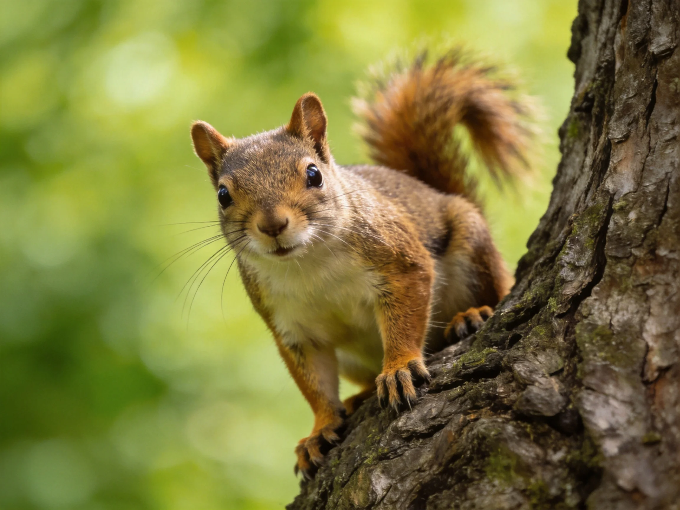 A brown squirrel perched on textured tree bark in a green forest