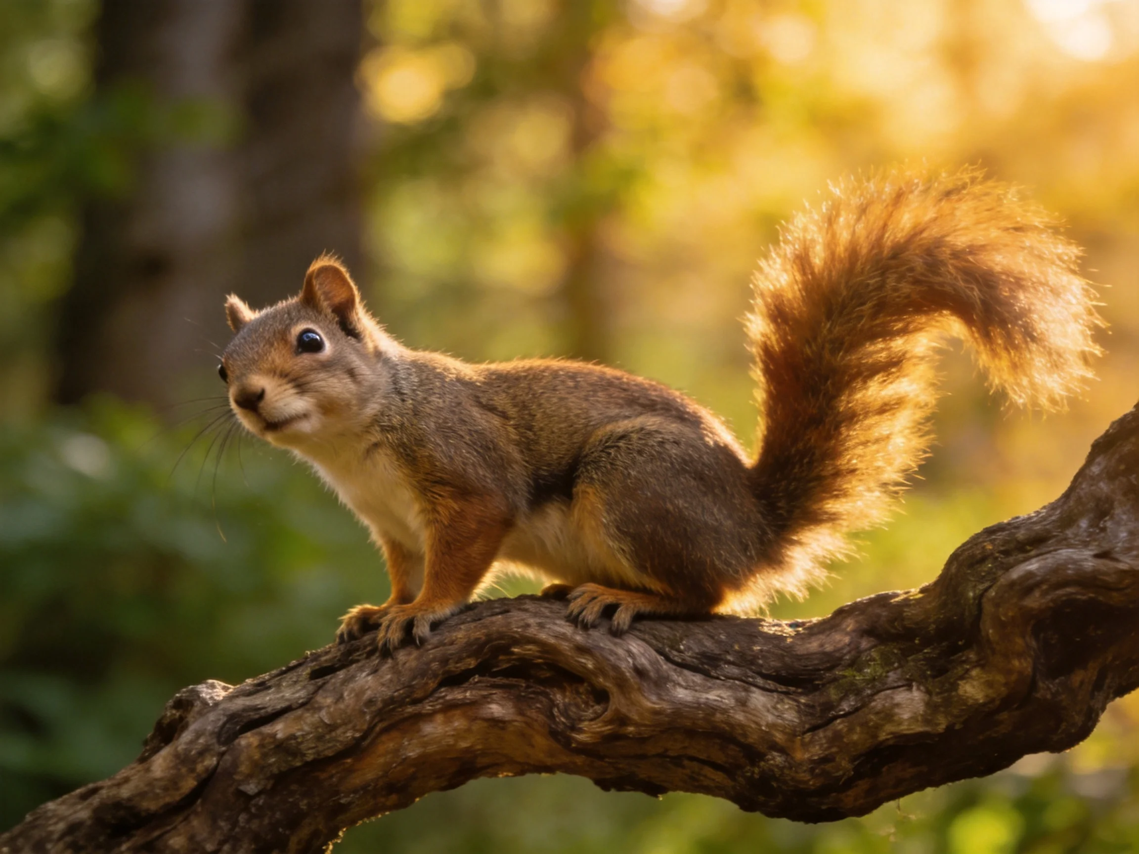 A brown squirrel perches on a gnarled tree branch in golden sunlight