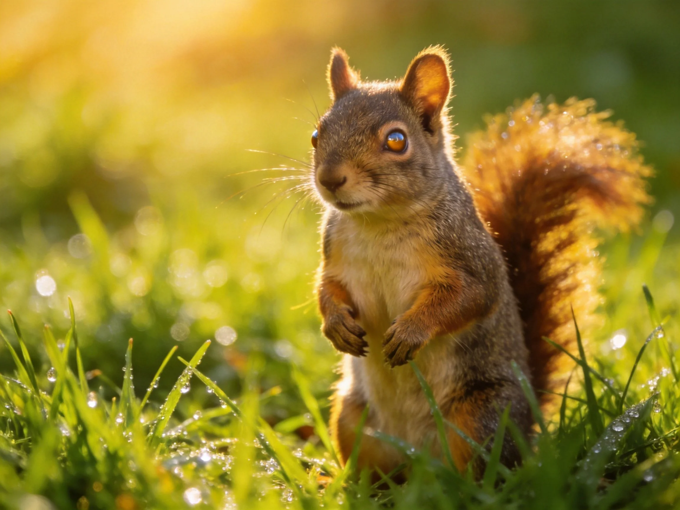 A brown squirrel stands amid dewy green grass under golden sunlight