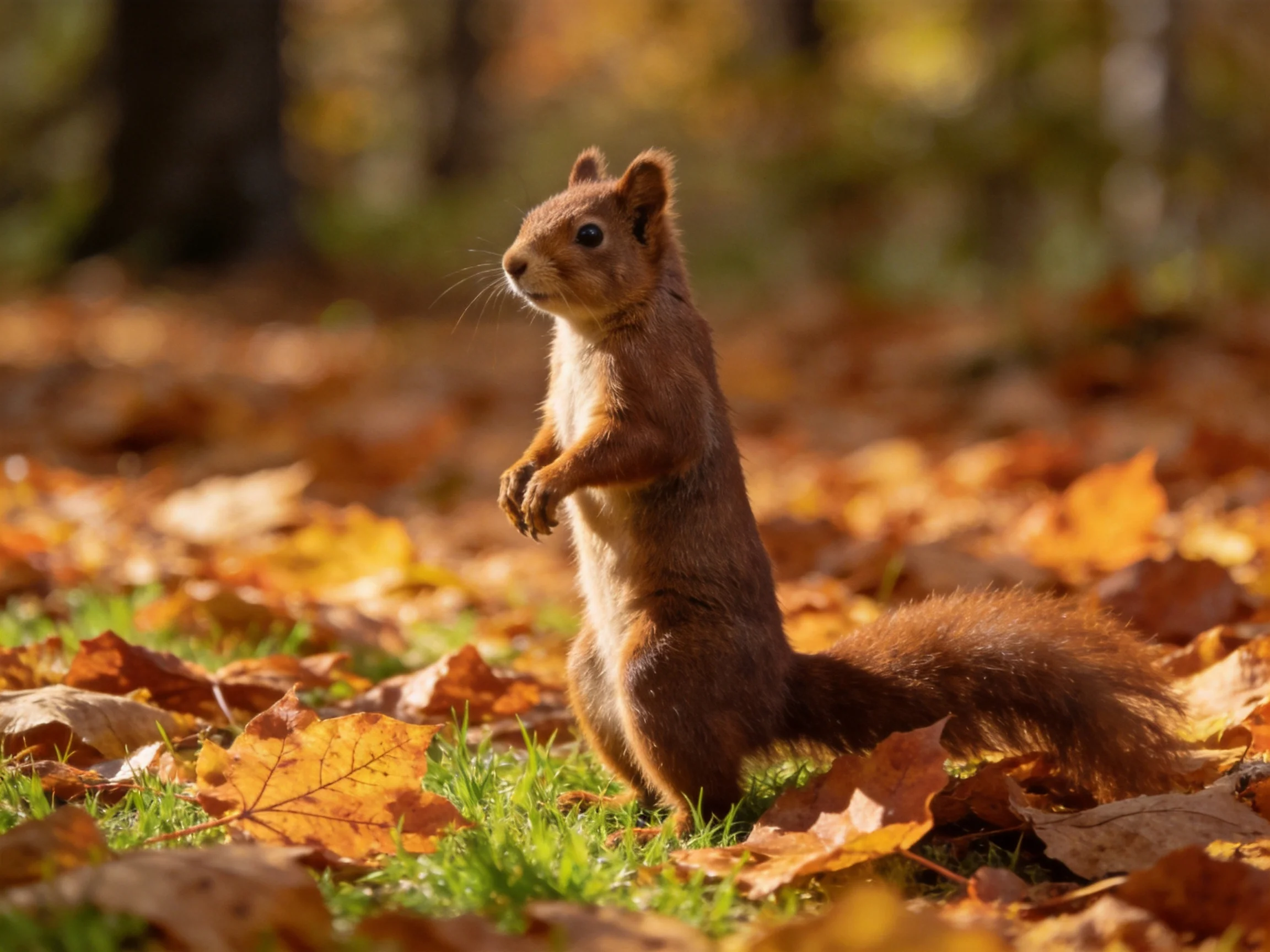 A brown squirrel stands among golden fallen leaves in an autumn forest