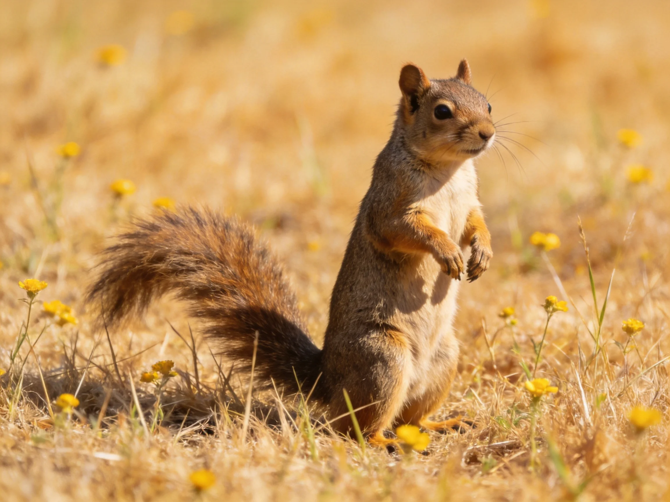 A brown squirrel stands among golden grass and small yellow wildflowers