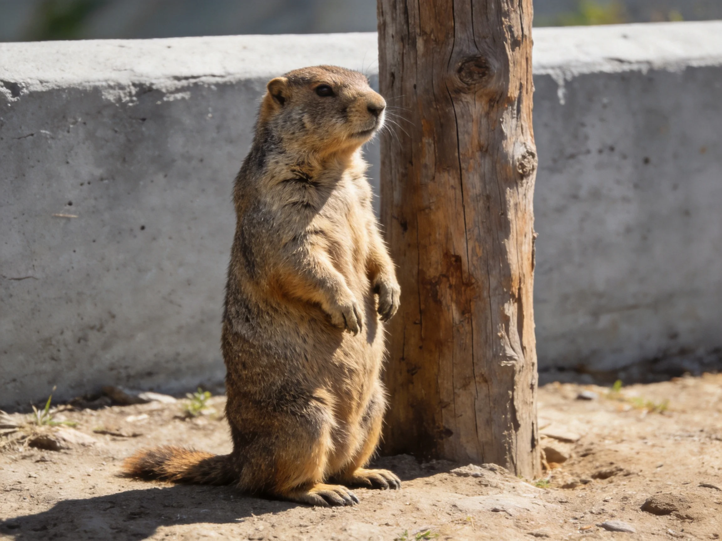 A brown squirrel stands alert next to a wooden post by a concrete wall.
