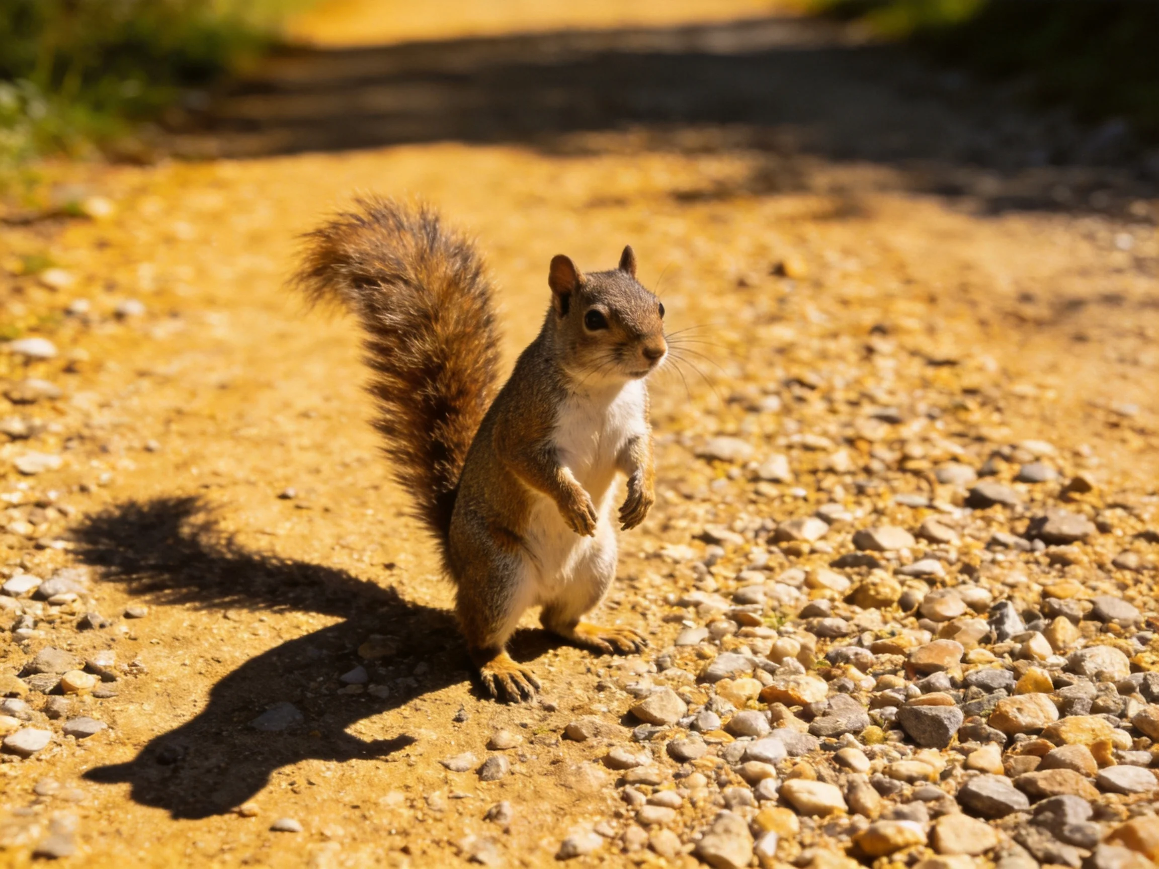 A brown squirrel stands on a sunlit gravel path