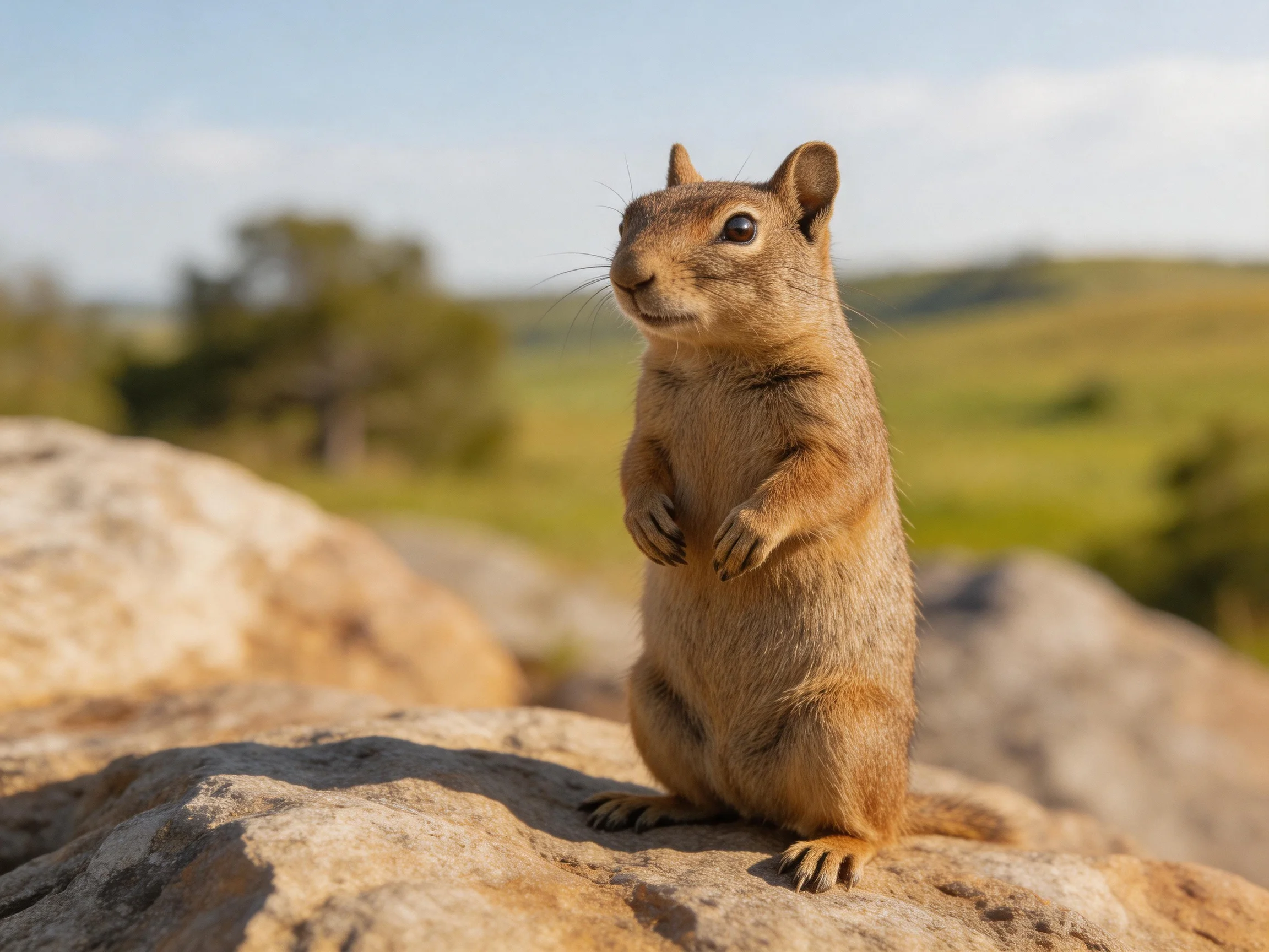 A brown squirrel stands upright on large tan rocks in a sun-drenched open landscape