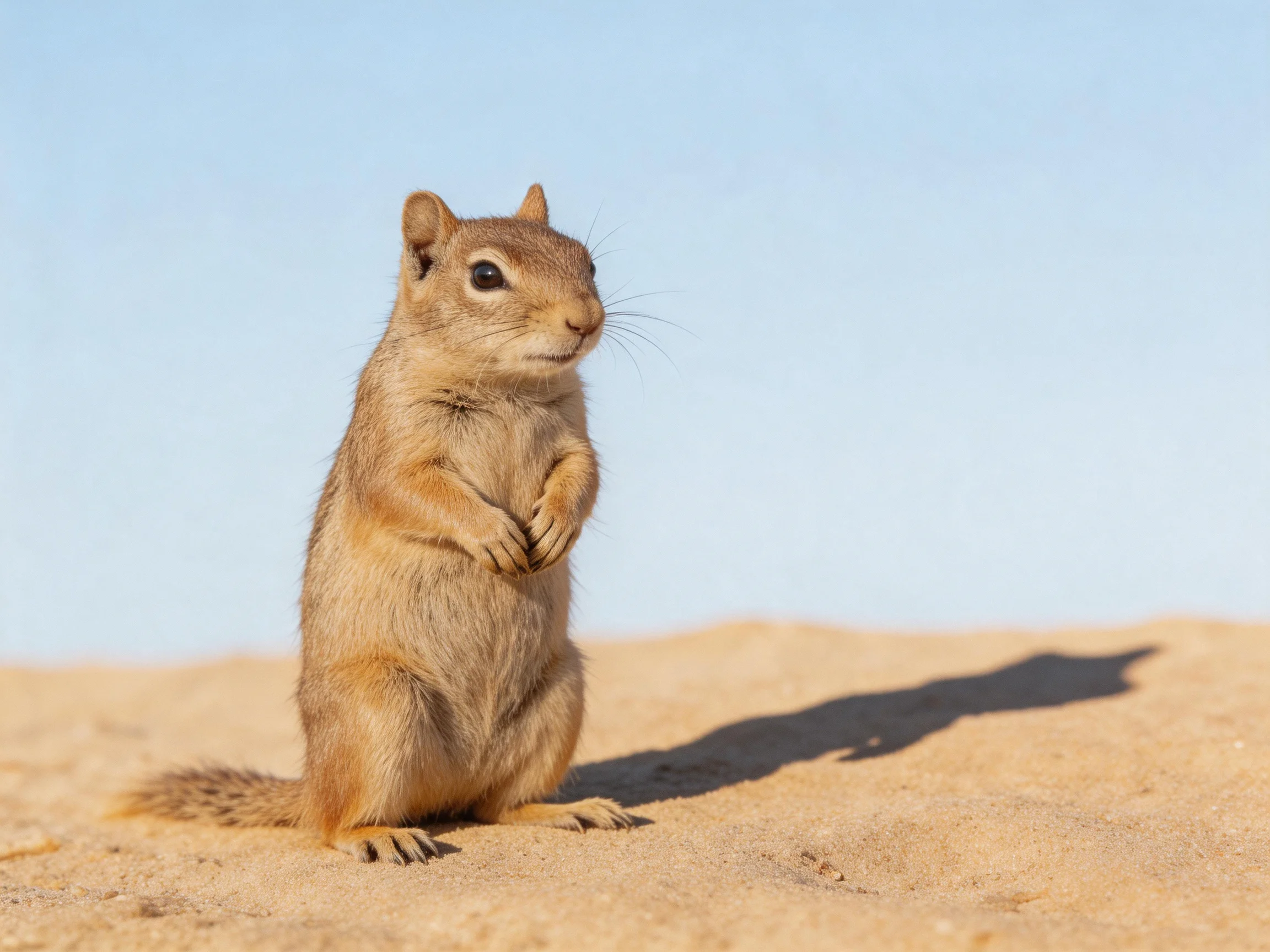 A brown squirrel stands upright on sandy terrain under clear blue sky