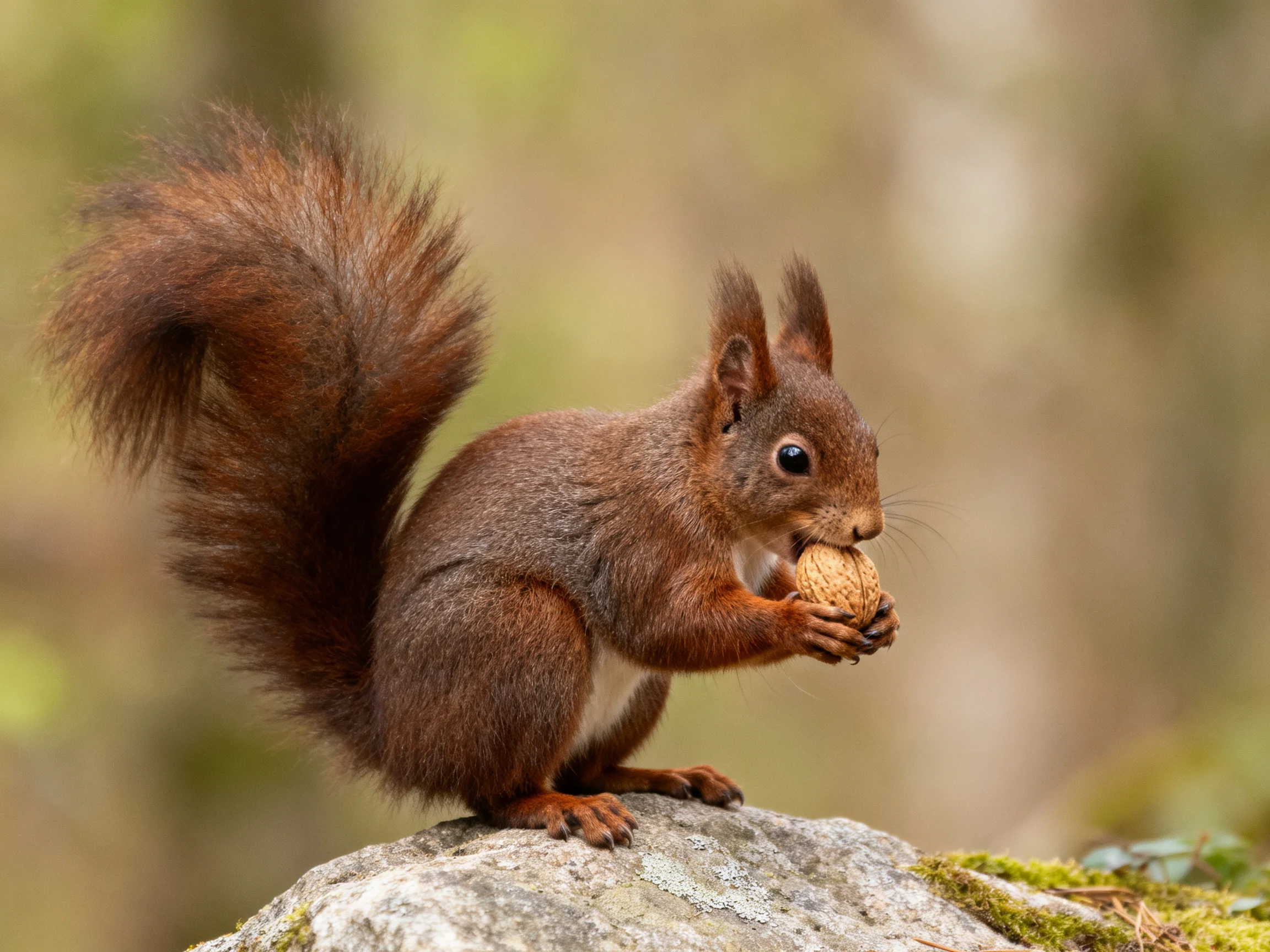 A brown squirrel with a bushy tail eats a nut on a mossy rock